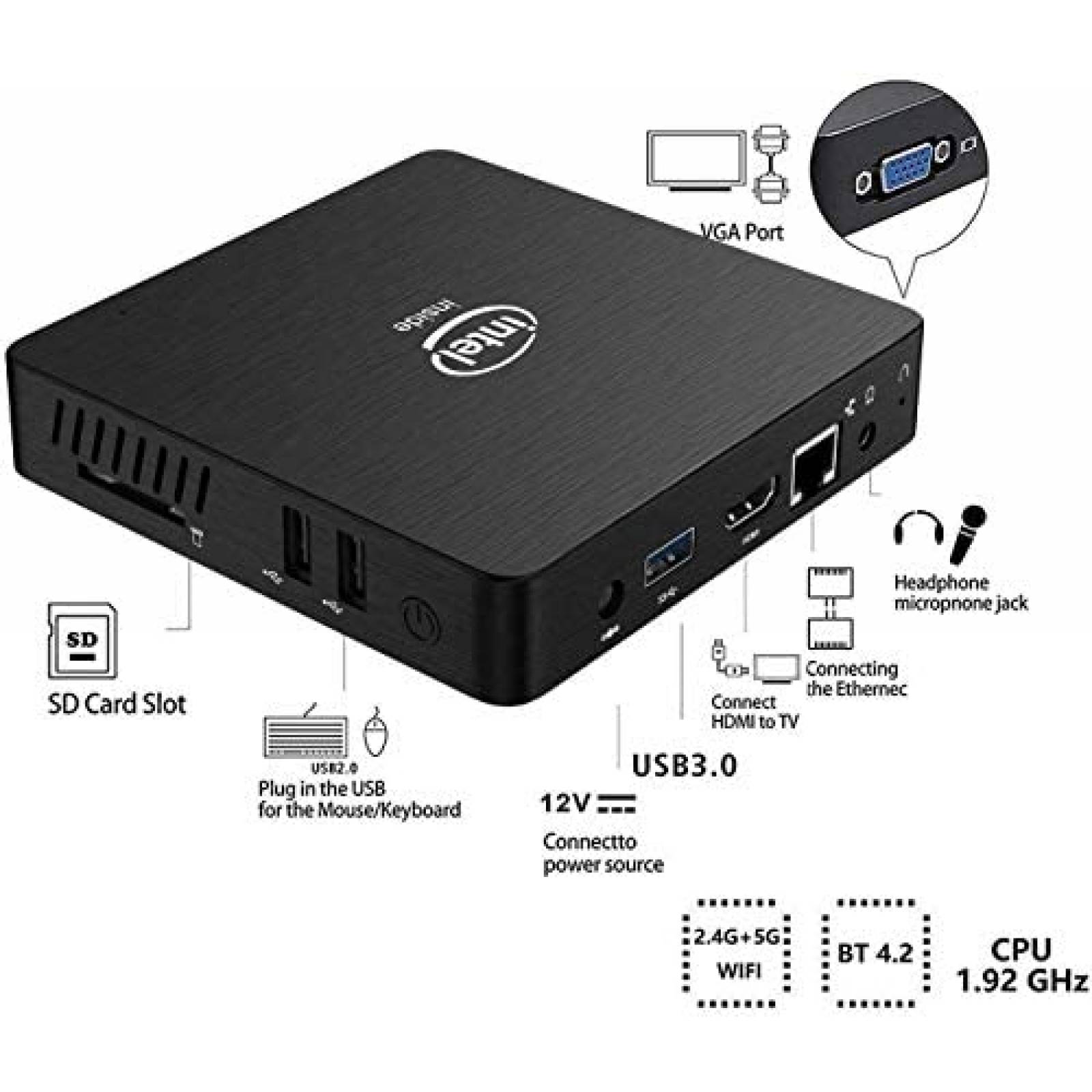 Mini PC MINISFORUM Z83-W HDMI VGA 32GB Win10 Intel -Negro