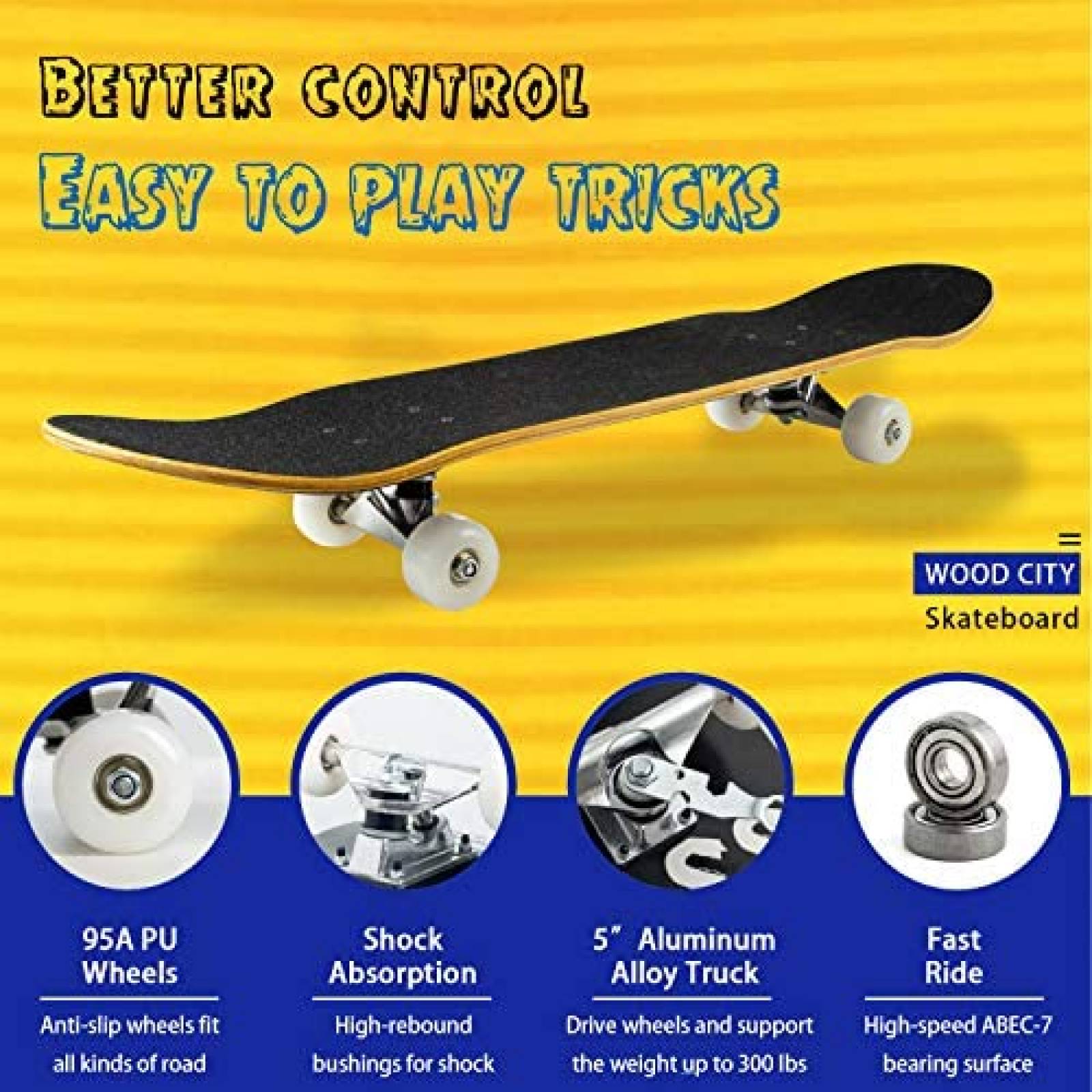 Patineta WOOD CITY 31" x 8" para Principiantes -Negra