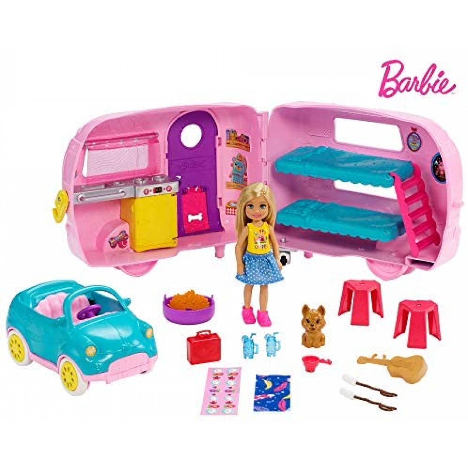 Muñeca Barbie Club Chelsea Camper c/ 10 Accesorios 3-7 Años