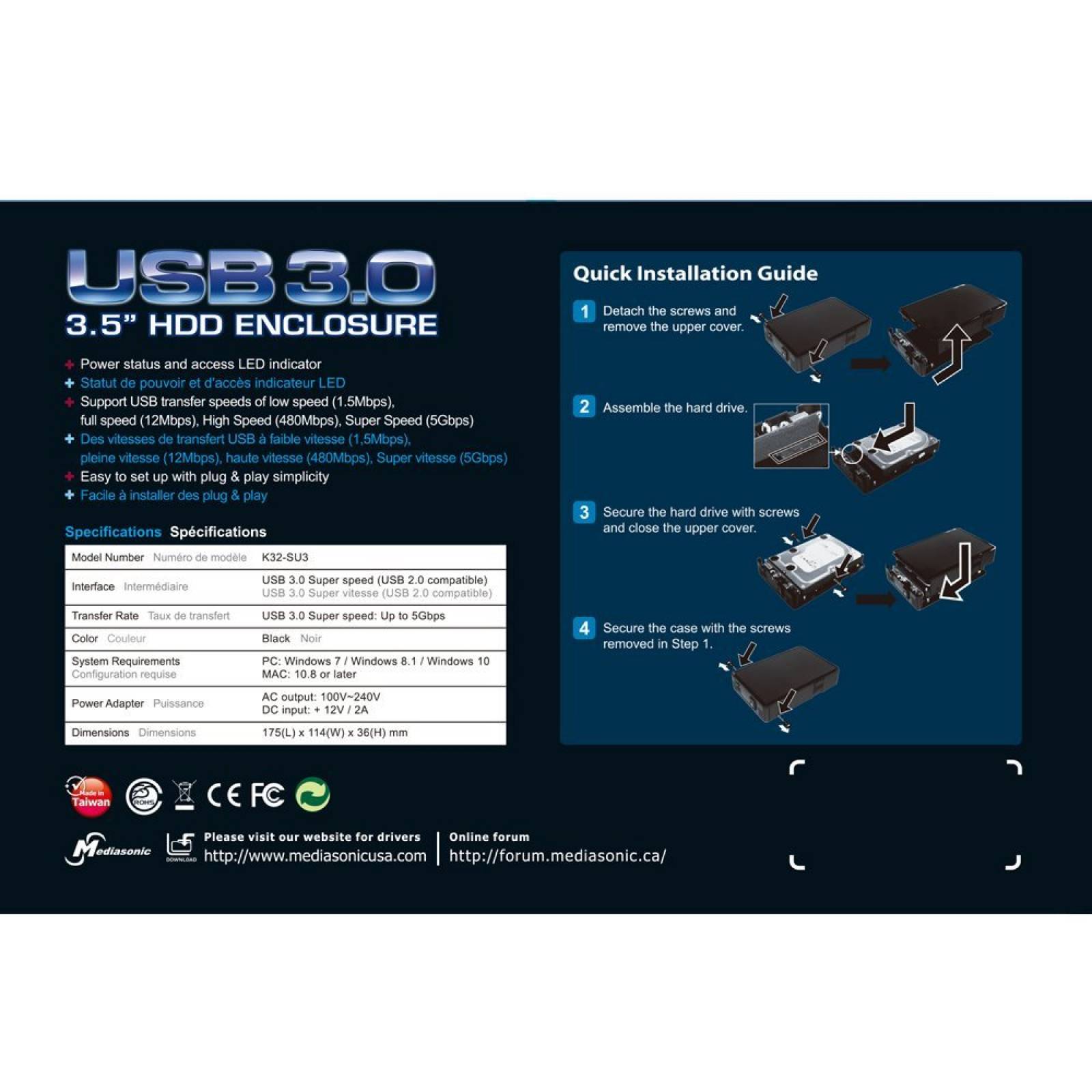 Mediasonic ProBox K32-SU3 3.5" SATA caja disco duro - USB 3.