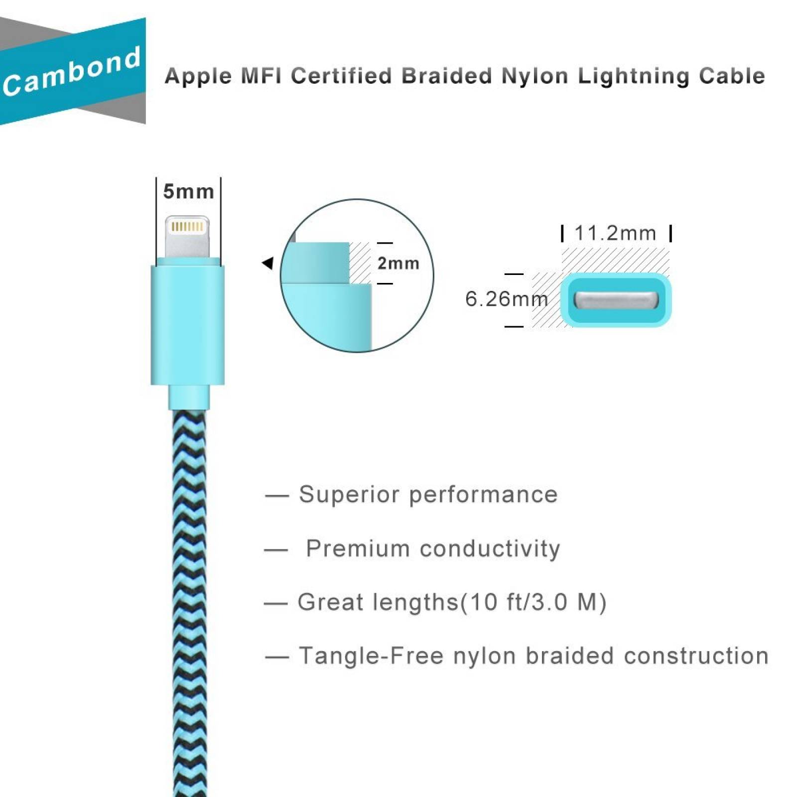 iPhone 7 cargador, 2 Pack Cambond 10 pies largo trenzado MFI