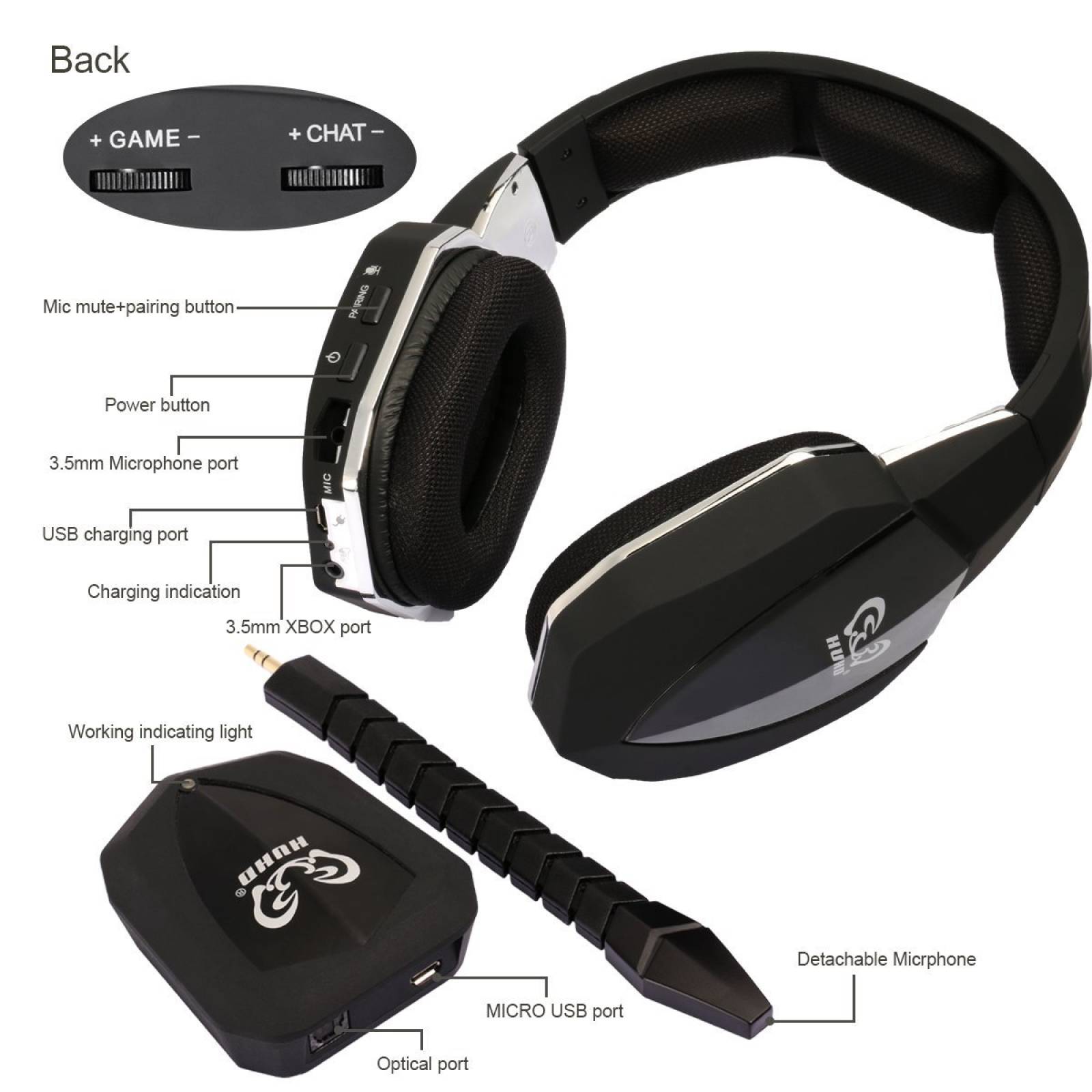 HUHD® 2.4GHz óptico Wireless Gaming Headset Xbox One Negro