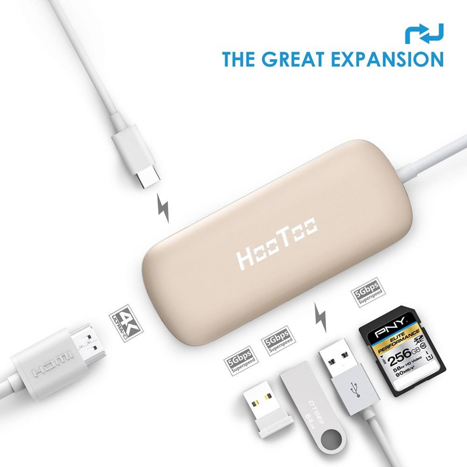 B:Eje C USB, adaptador USB HooToo C 3.1 puerto carga t -Dorado