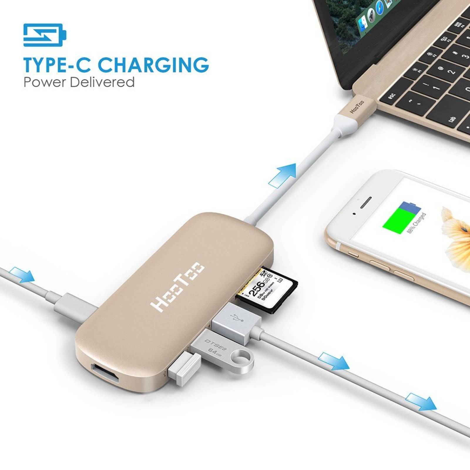 B:Eje C USB, adaptador USB HooToo C 3.1 puerto carga t -Dorado