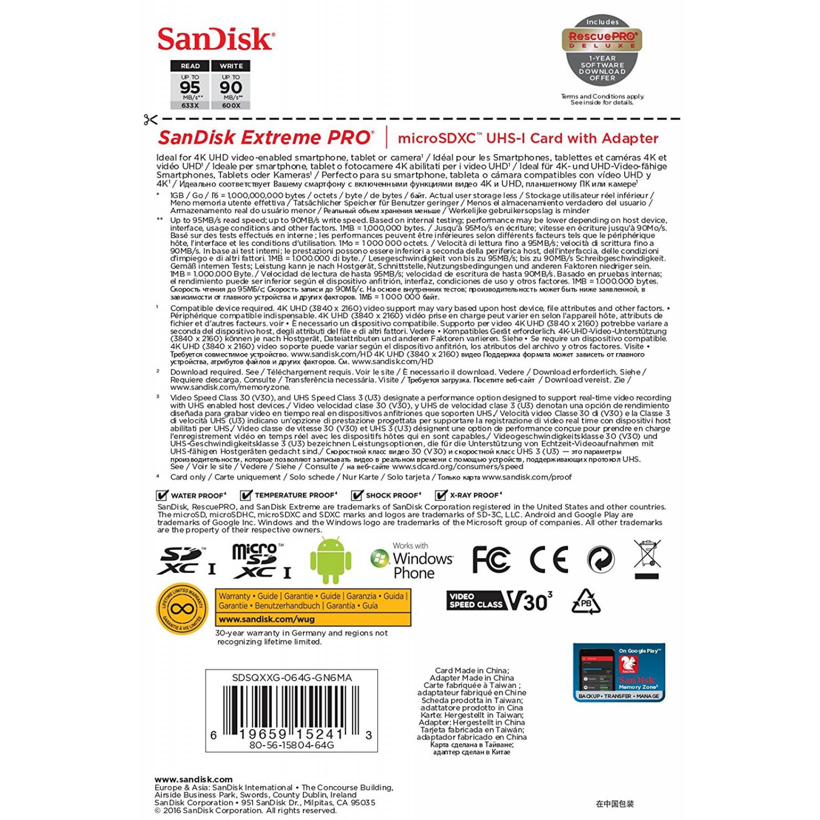 SanDisk Extreme Pro 64 GB clase 10 UHS-I 95 Mbps Lea U3 V30