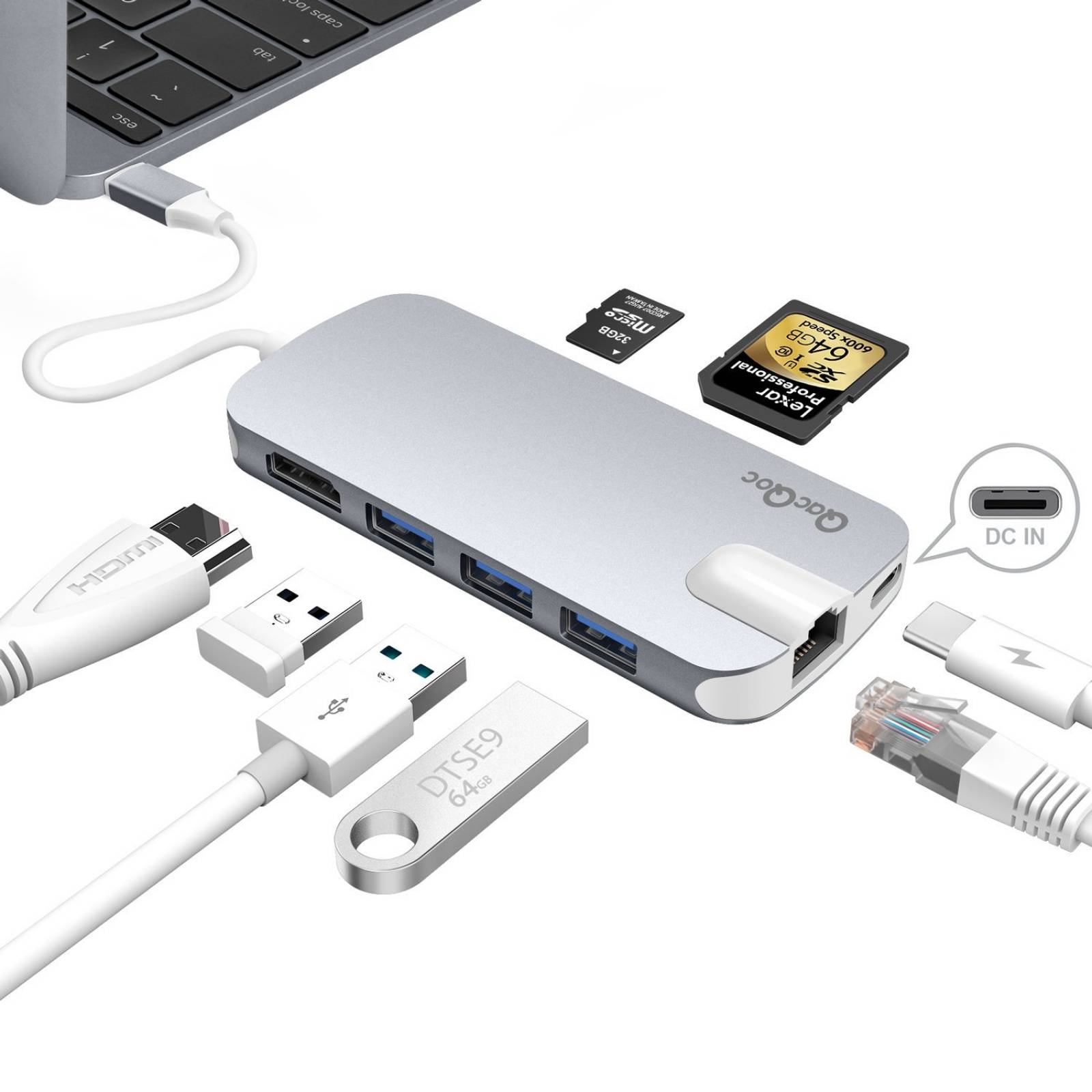 Adaptador Hub Qacqoc Gn30h Multipuerto Usb Hdmi Sd -gris