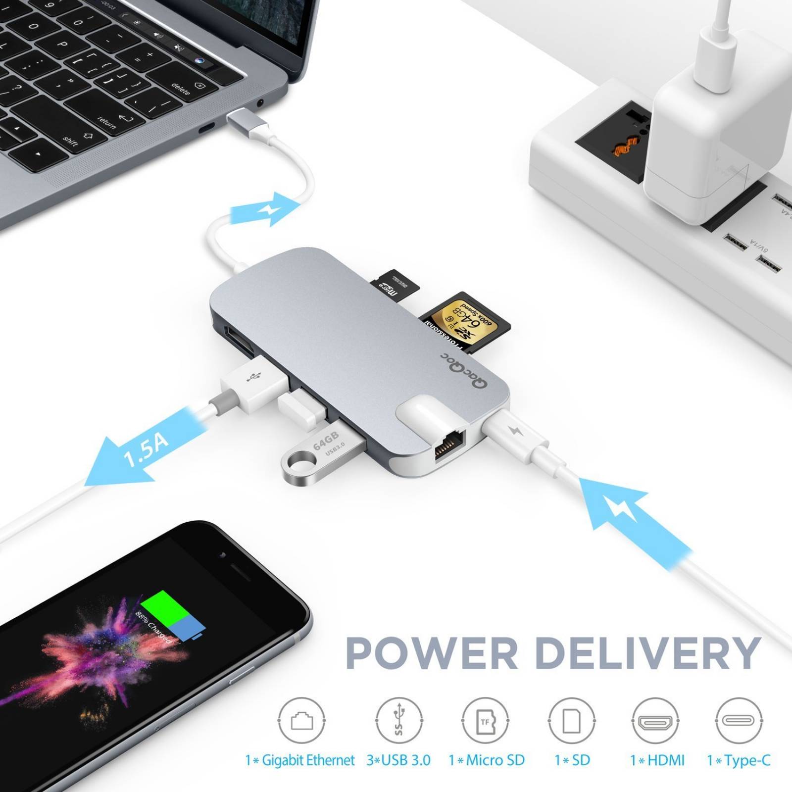 Adaptador Hub Qacqoc Gn30h Multipuerto Usb Hdmi Sd -gris