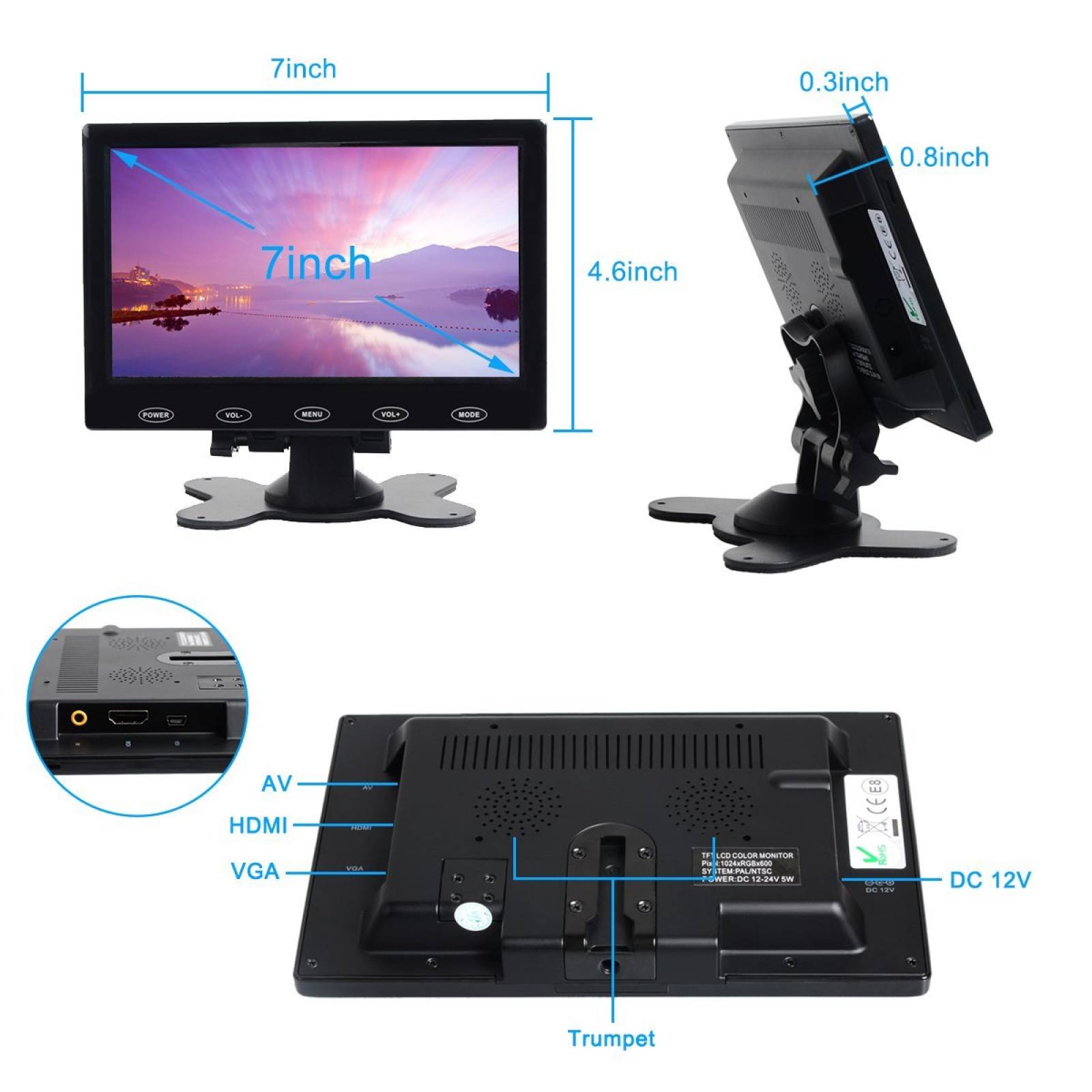 Monitor De Video Toguard 7 Pulgadas1024x600 Av/vga/hdmi