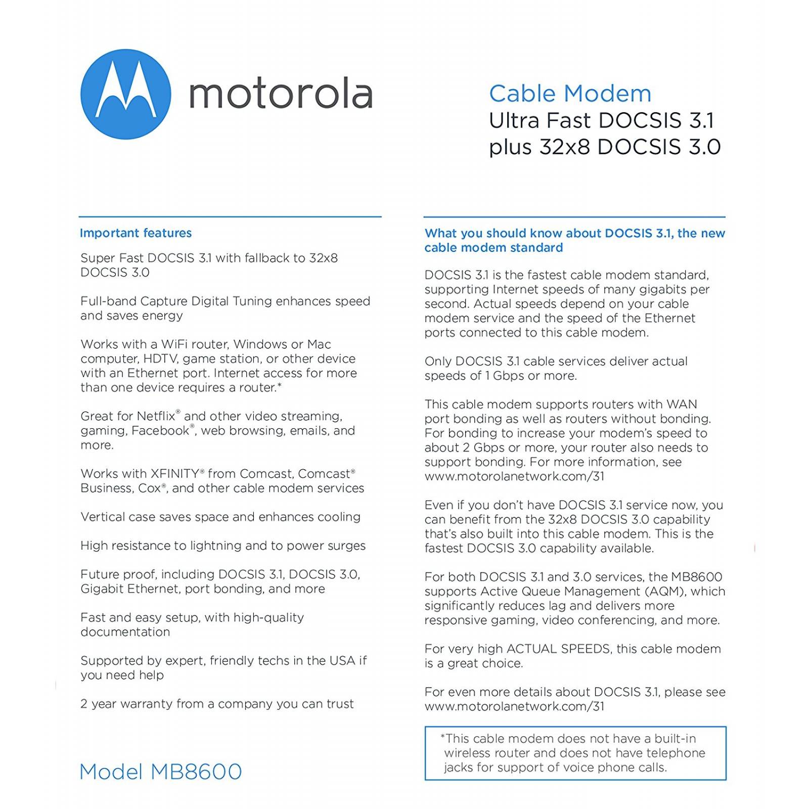 Módem De Cable Motorola Mb8600 32x8 Docsis 3.1 Gige
