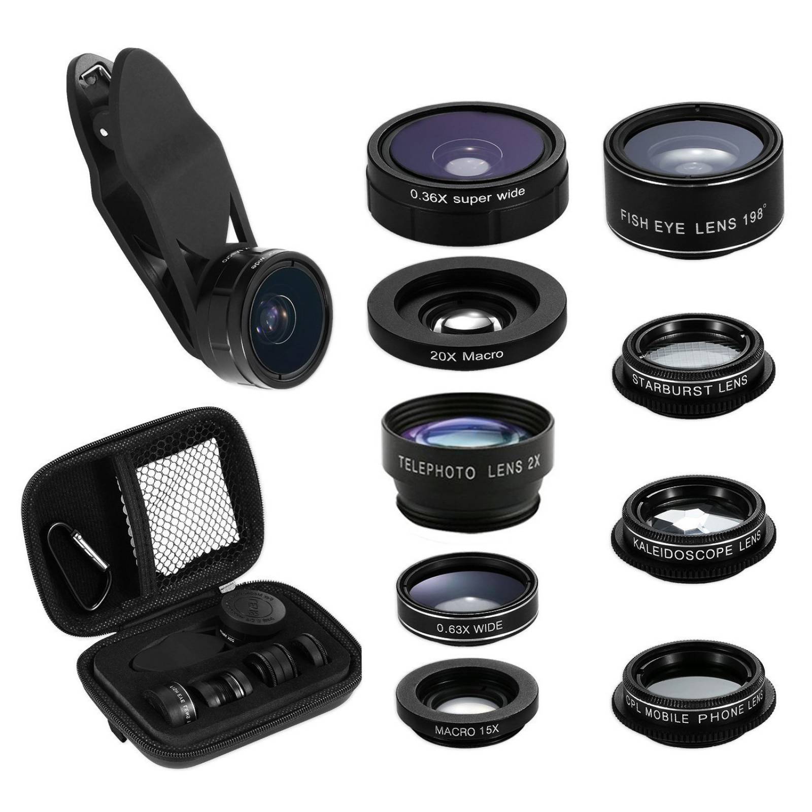 Kit Lentes 9 En 1 Telefoto Ojo Pez Macro Para Smartphone