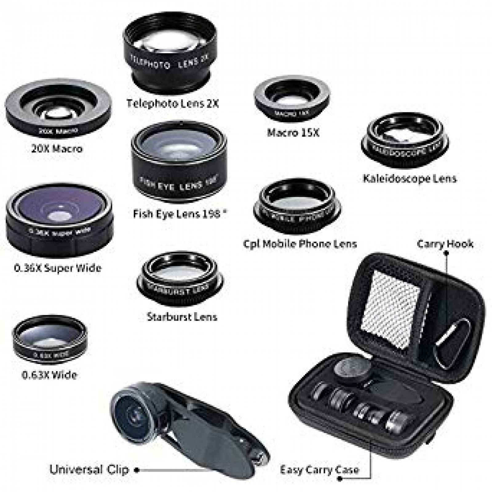 Kit Lentes 9 En 1 Telefoto Ojo Pez Macro Para Smartphone