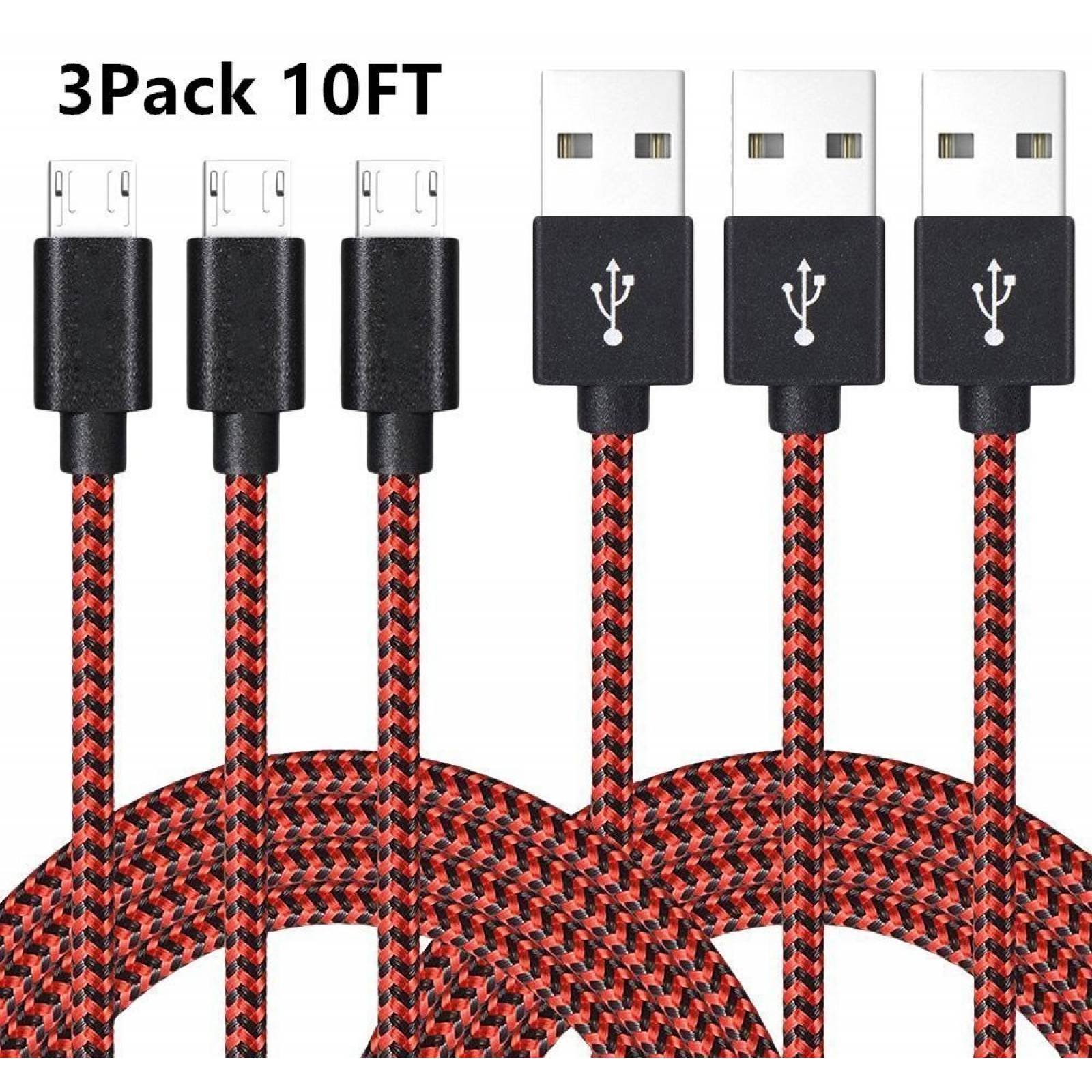 Cable Micro Usb Aoker 3m Trenzado Nylon -3pzas Negro Rojo