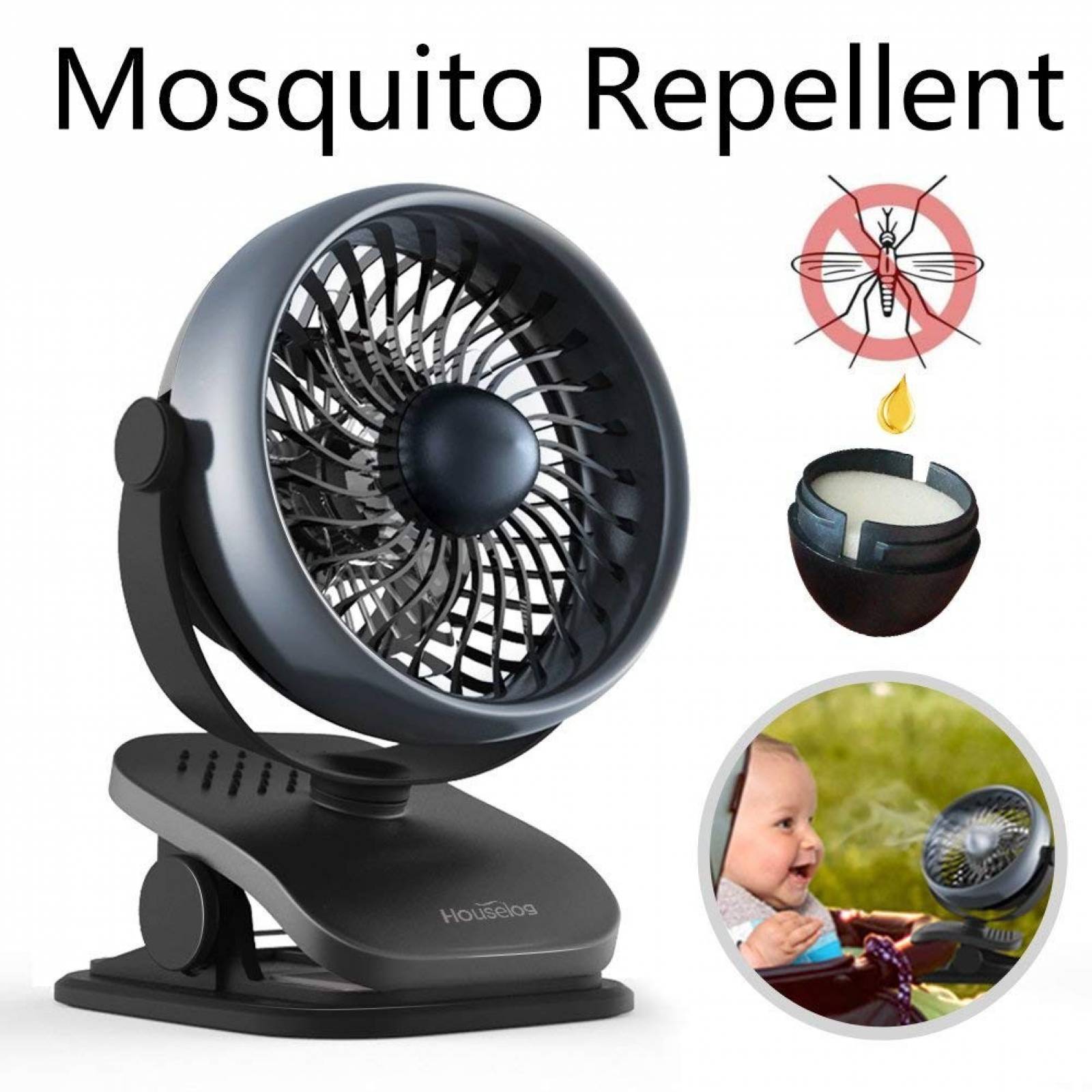 Ventilador USB Houselog repelente mosquitos clip -Negro