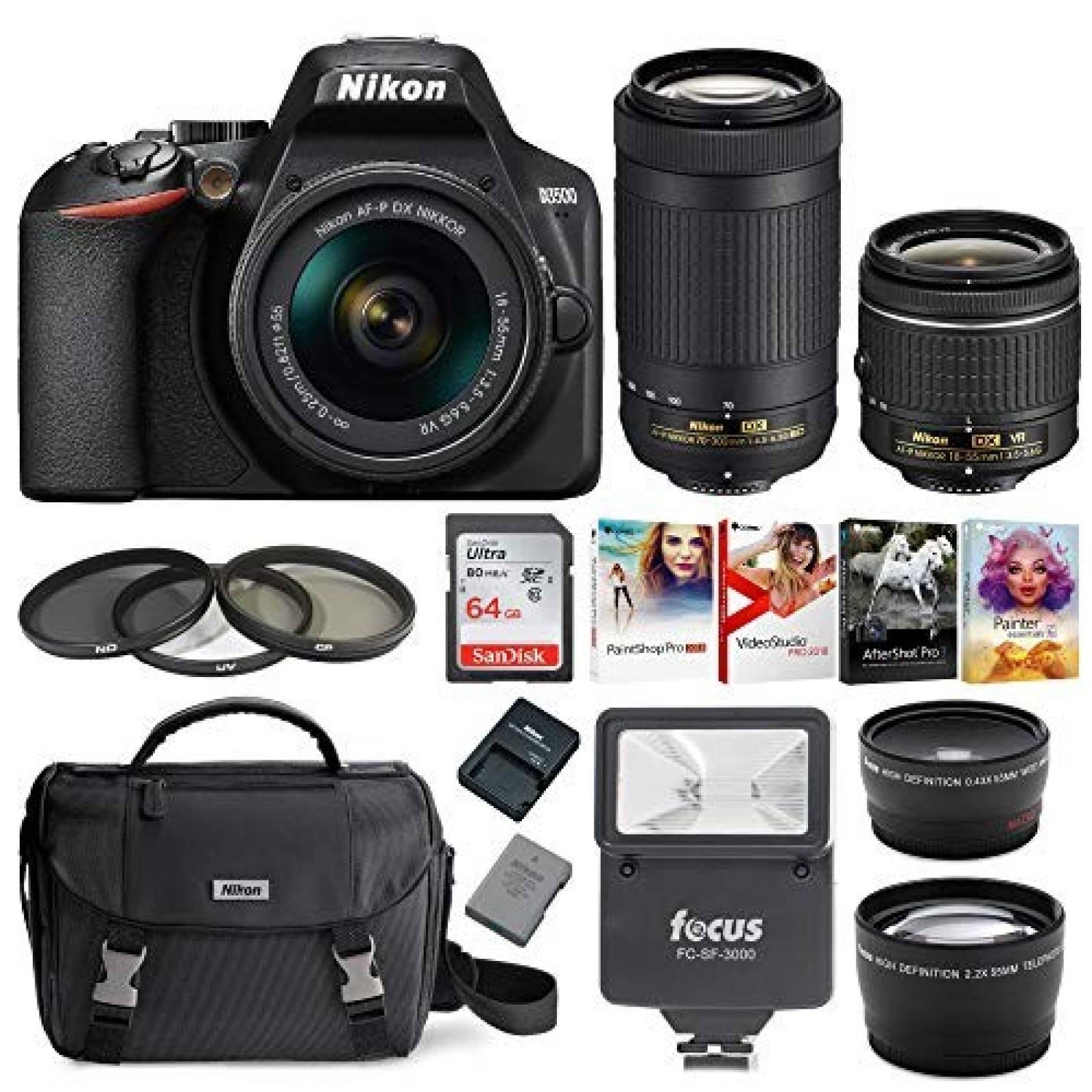Cámara Nikon D3500 AF-P 18-55mm 70-300mm SD64GB y accesorios