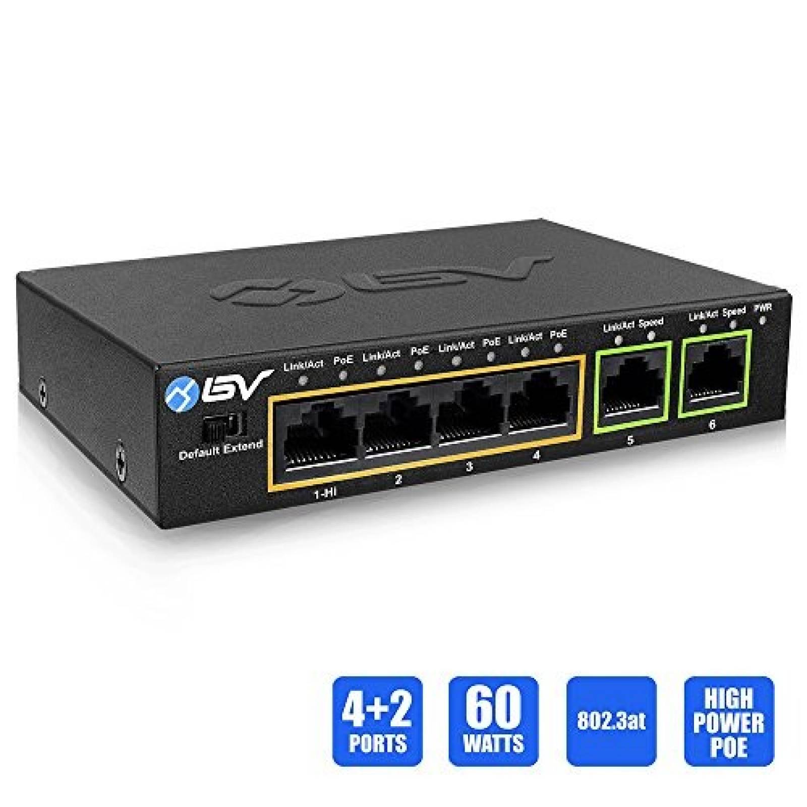 Switch BV-Tech 4 puertos PoE+ 2 puertos Ethernet Uplink