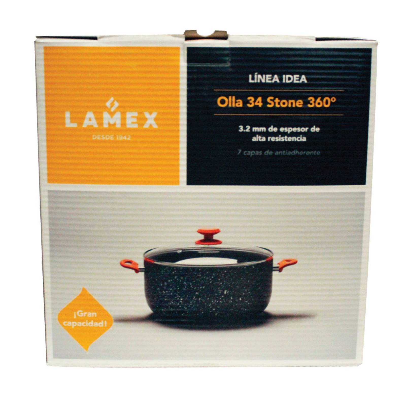 Olla Stone 360° 34 cm con tapa de vidrio y asas acabado tipo madera – LAMEX