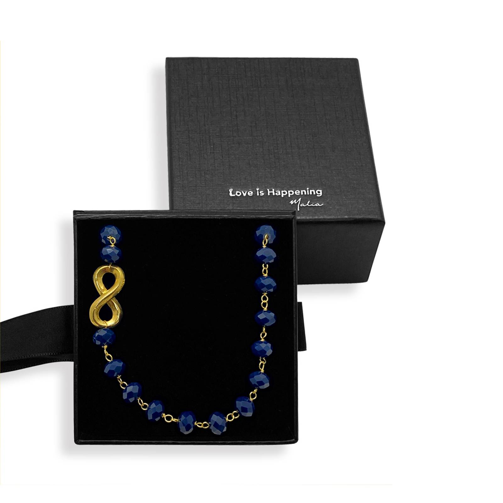 Collar Largo con Infinito y Cristales Azules Facetados