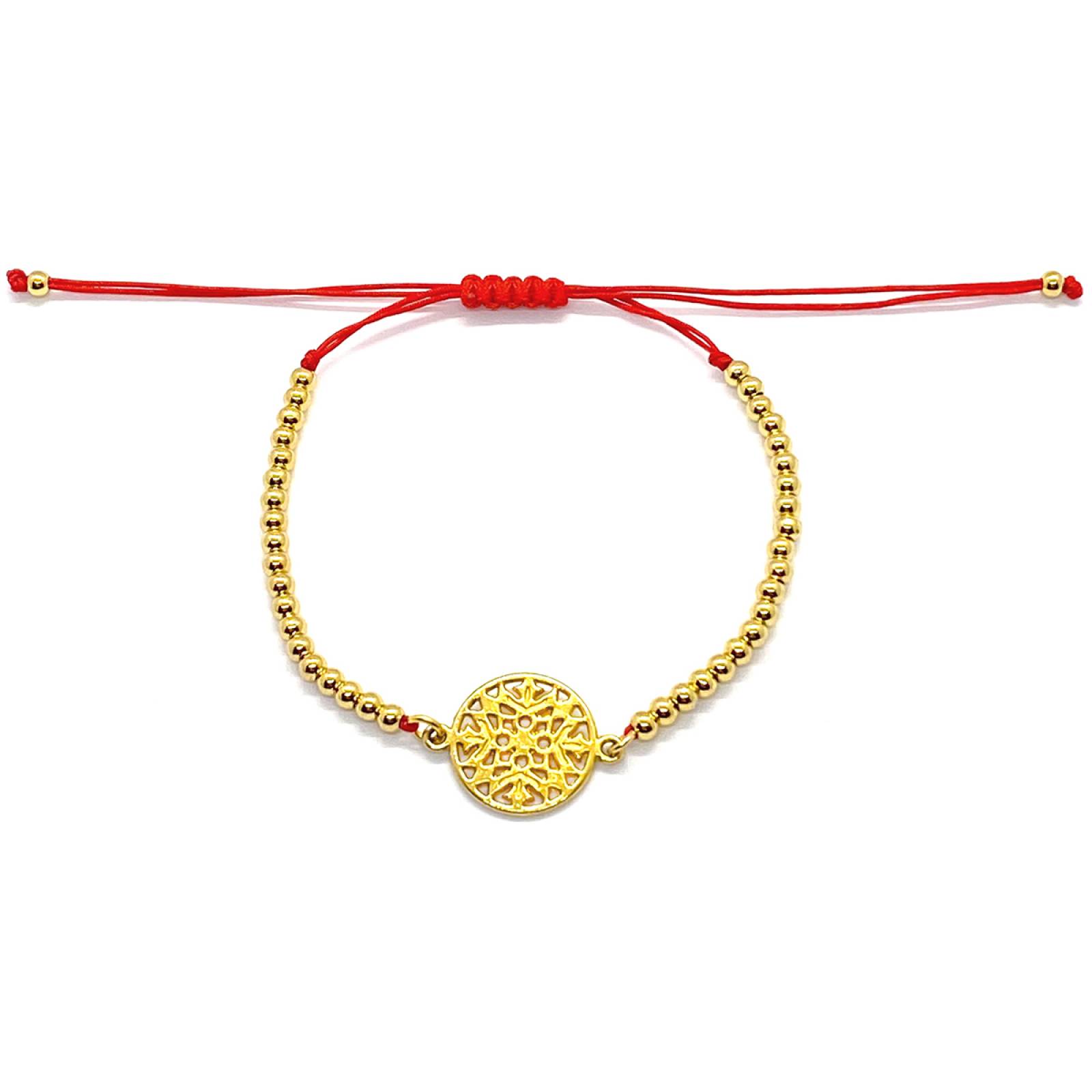Pulsera Mandala Hilo Rojo con Bolitas en Chapa de Oro