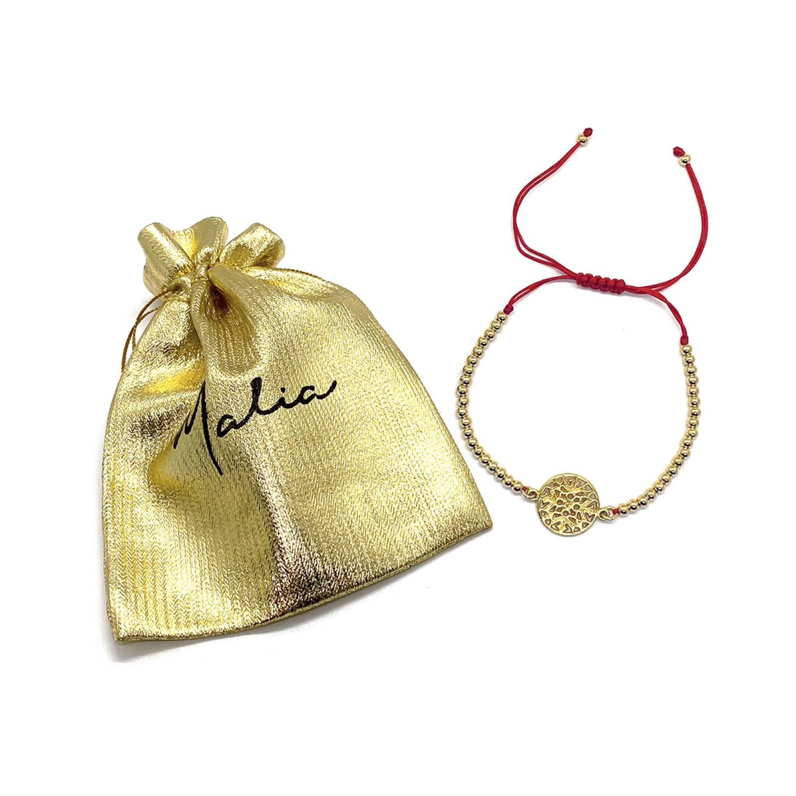 Pulsera Mandala Hilo Rojo con Bolitas en Chapa de Oro