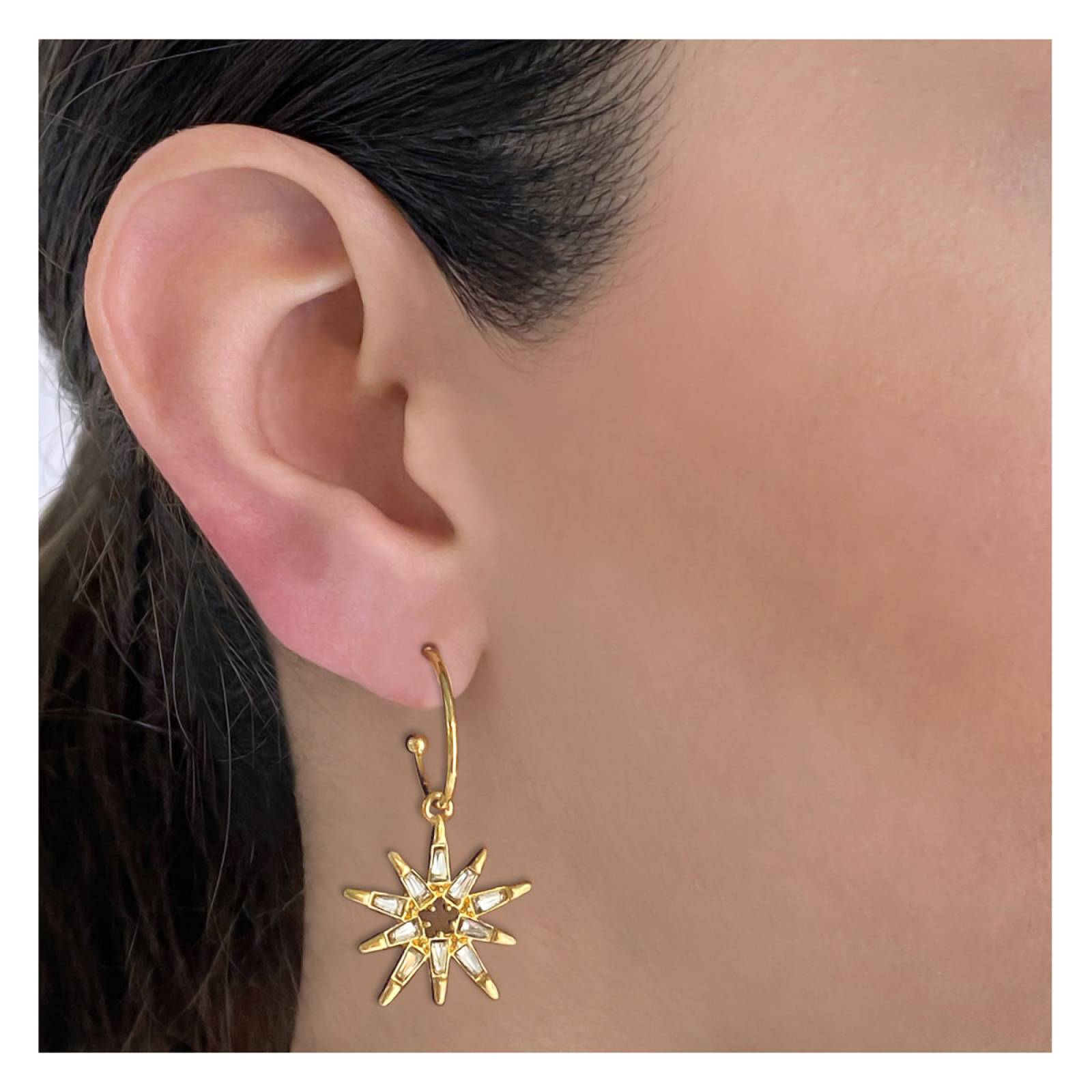 Arracadas Estrella con Baguettes de Circonias en Chapa de Oro