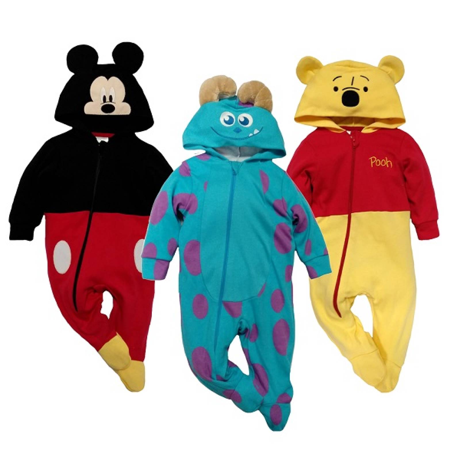 Kit 3 Mamelucos de Algodón con Gorro Bordado Disney Mickey, Sulley, Winnie Pooh
