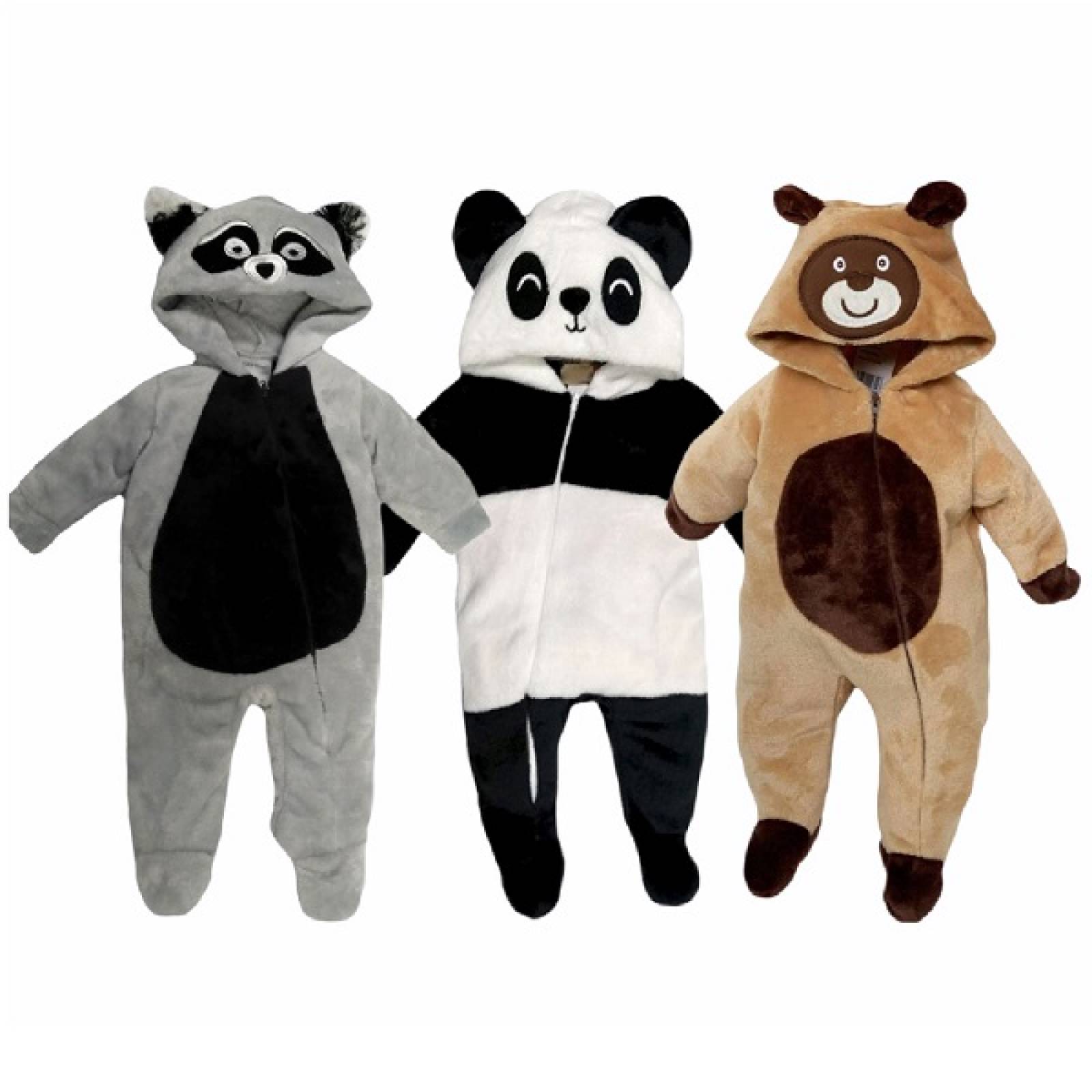 Kit 3 Mamelucos con Gorro Bordado Kiss Animalito Mapache, Panda, Osito