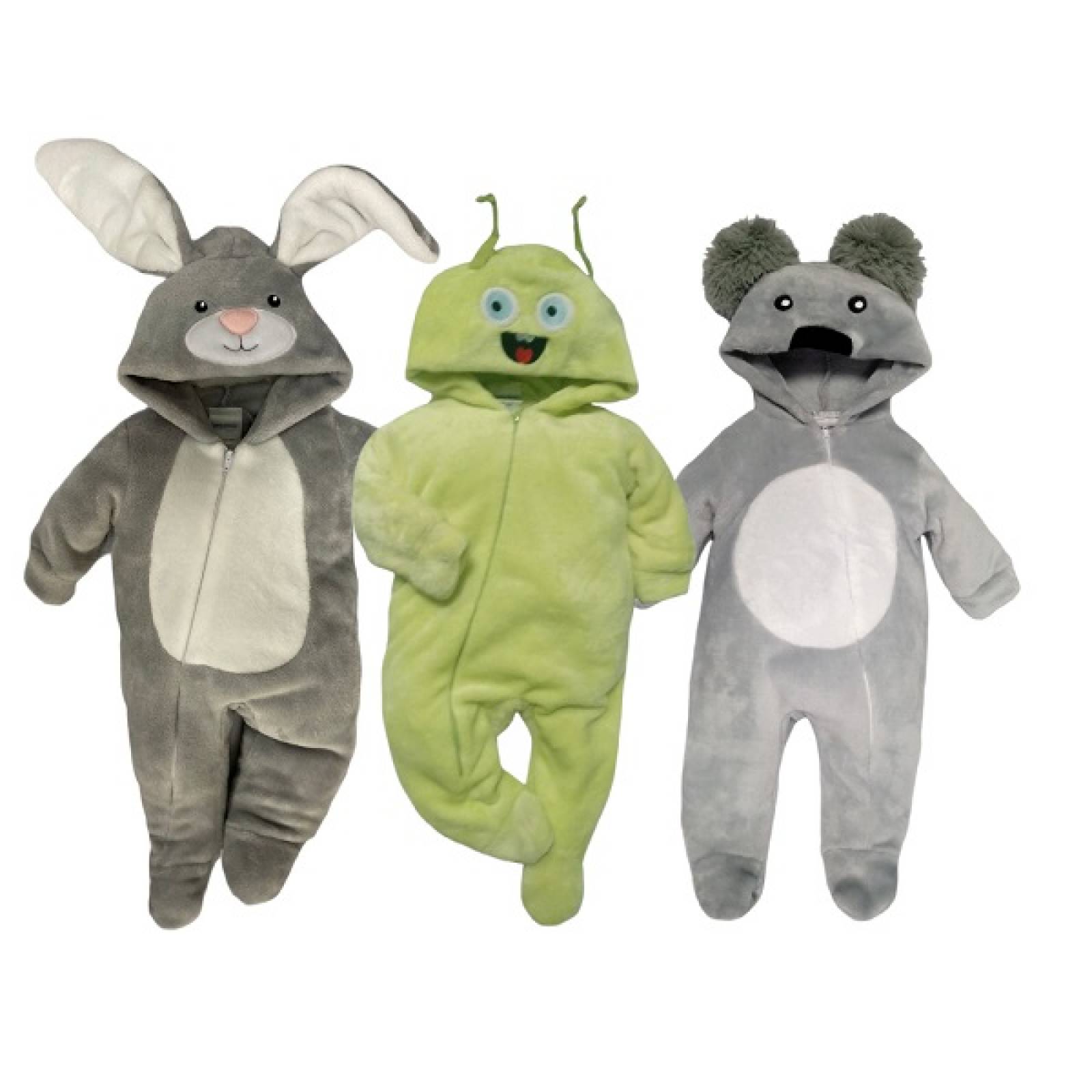 Kit 3 Mamelucos con Gorro Bordado Kiss Animalito Conejo, Monstruo, Koala