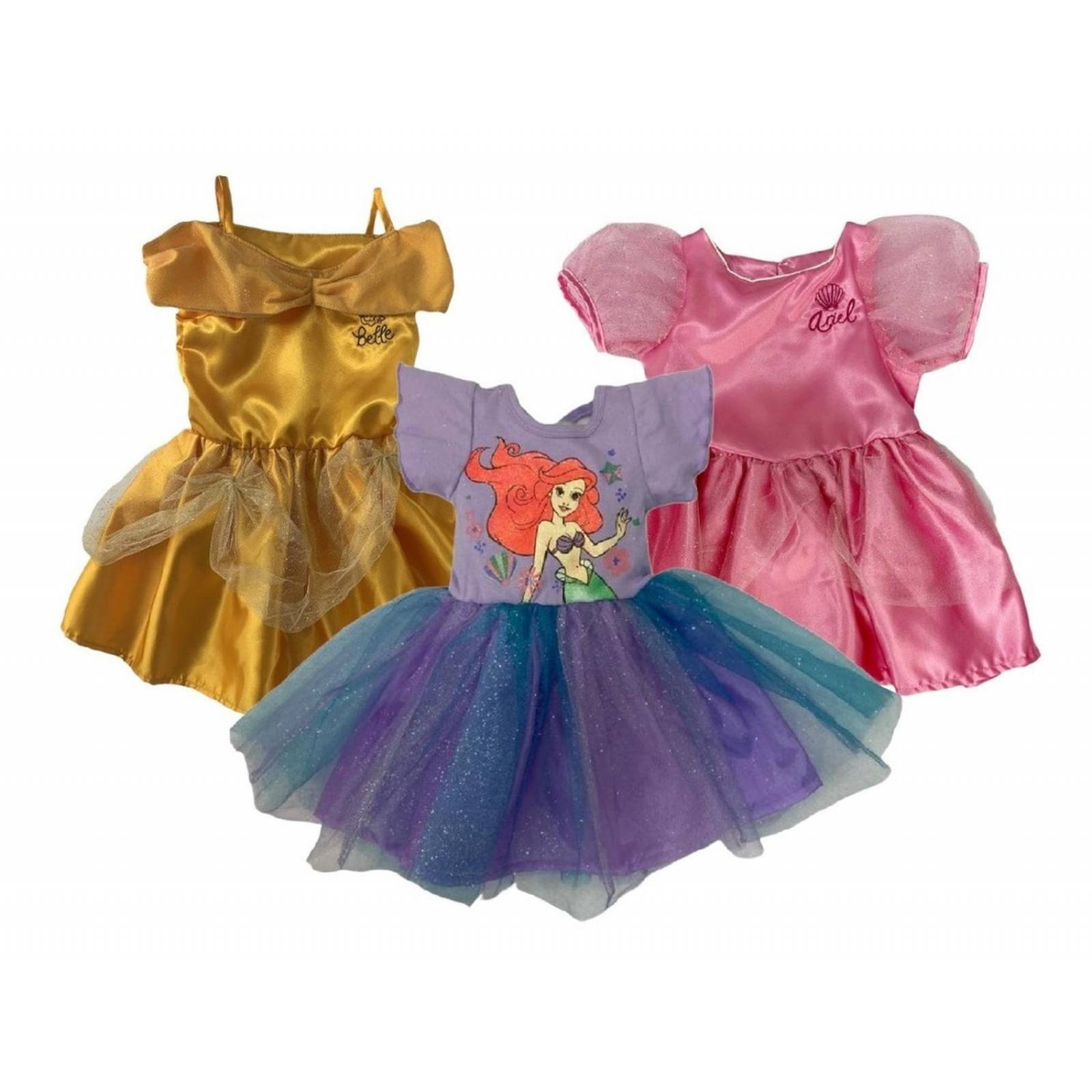 Kit 3 Vestidos Disney Princesas Bella, Sirenita, Ariel 