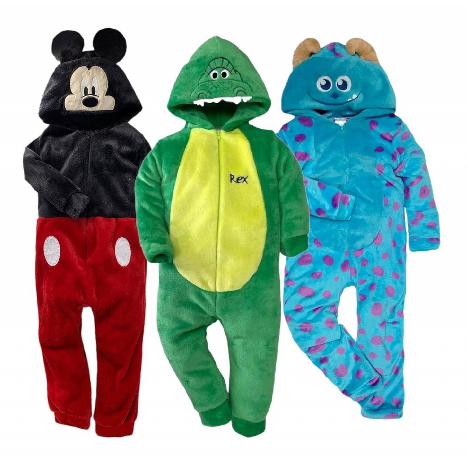 Kit 3 Mamelucos Con Gorro Niño Mickey Mouse, Rex, Sulley