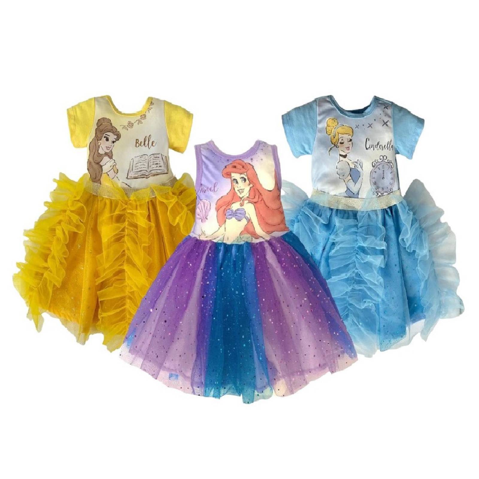 Kit 3 Vestidos Disney Bella, Ariel, Cenicienta 