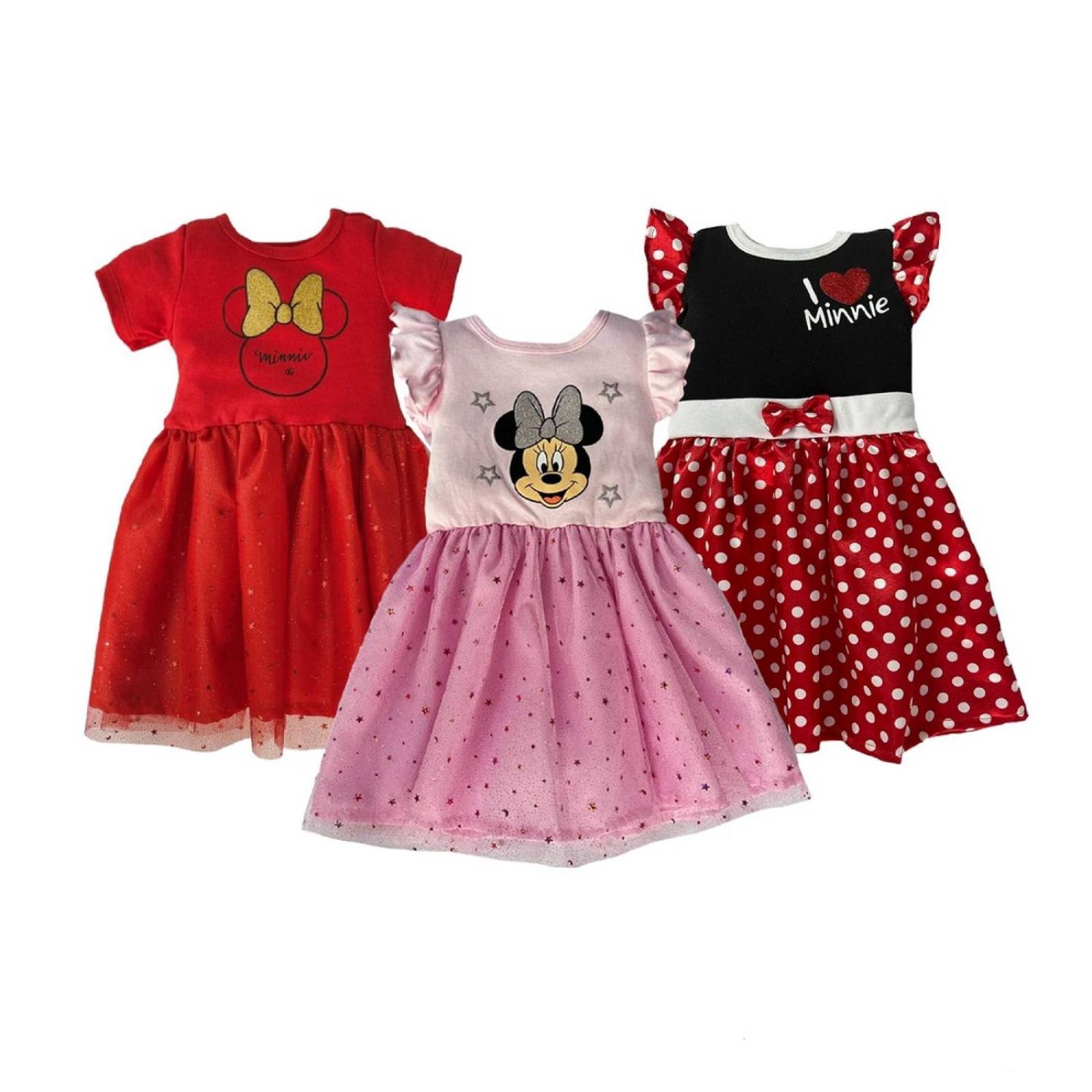 Kit 3 Vestidos Disney Minnie Rojo, Rosa, Negro 