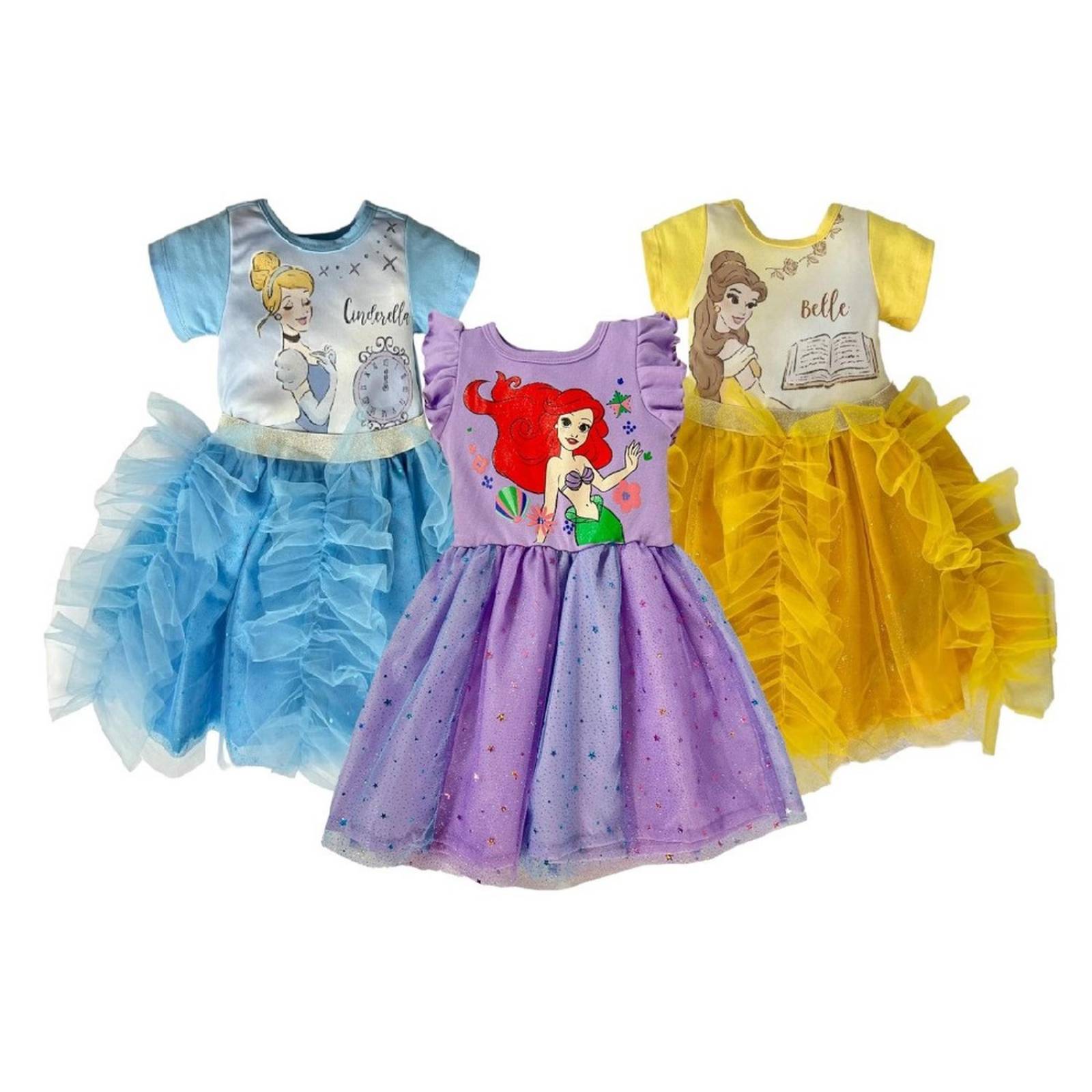 Kit 3 Vestidos Princesas Disney Cenicienta, Ariel, Bella 