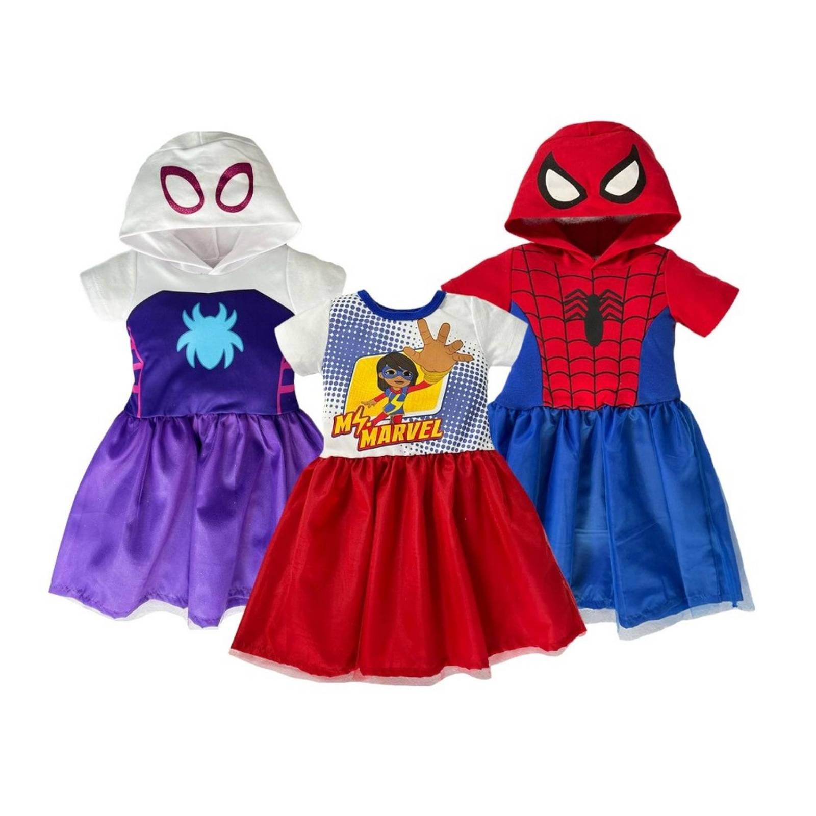 Kit 3 Vestidos Gwen, Ms. Marvel, Spiderman 