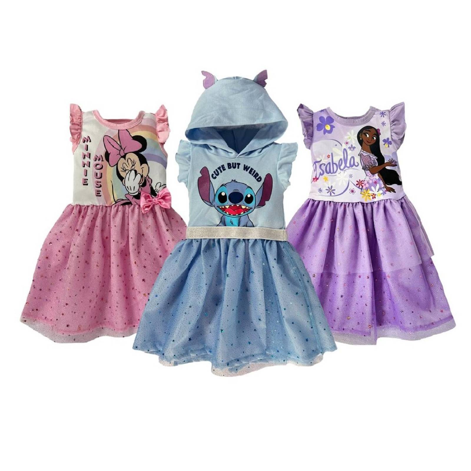 Kit 3 Vestidos Disney Minnie, Stitch, Isabela 