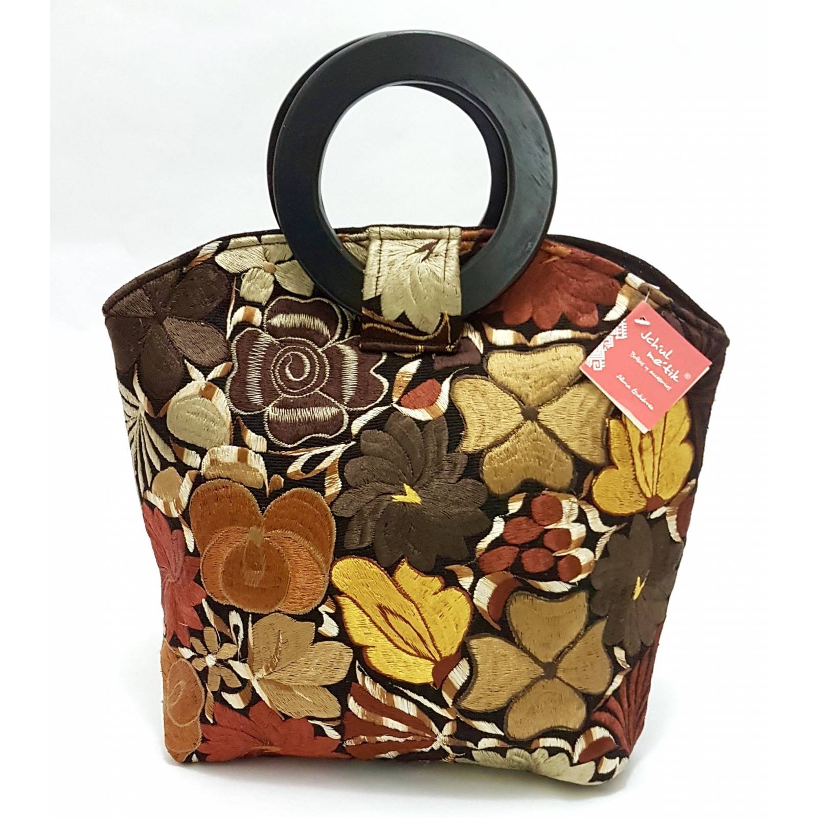 Bolsa De Diseñadora Mexicana Con Bordado Artesanal Chiapanenco Jchul metik Modelo Tenam Flores Tonos Tierra
