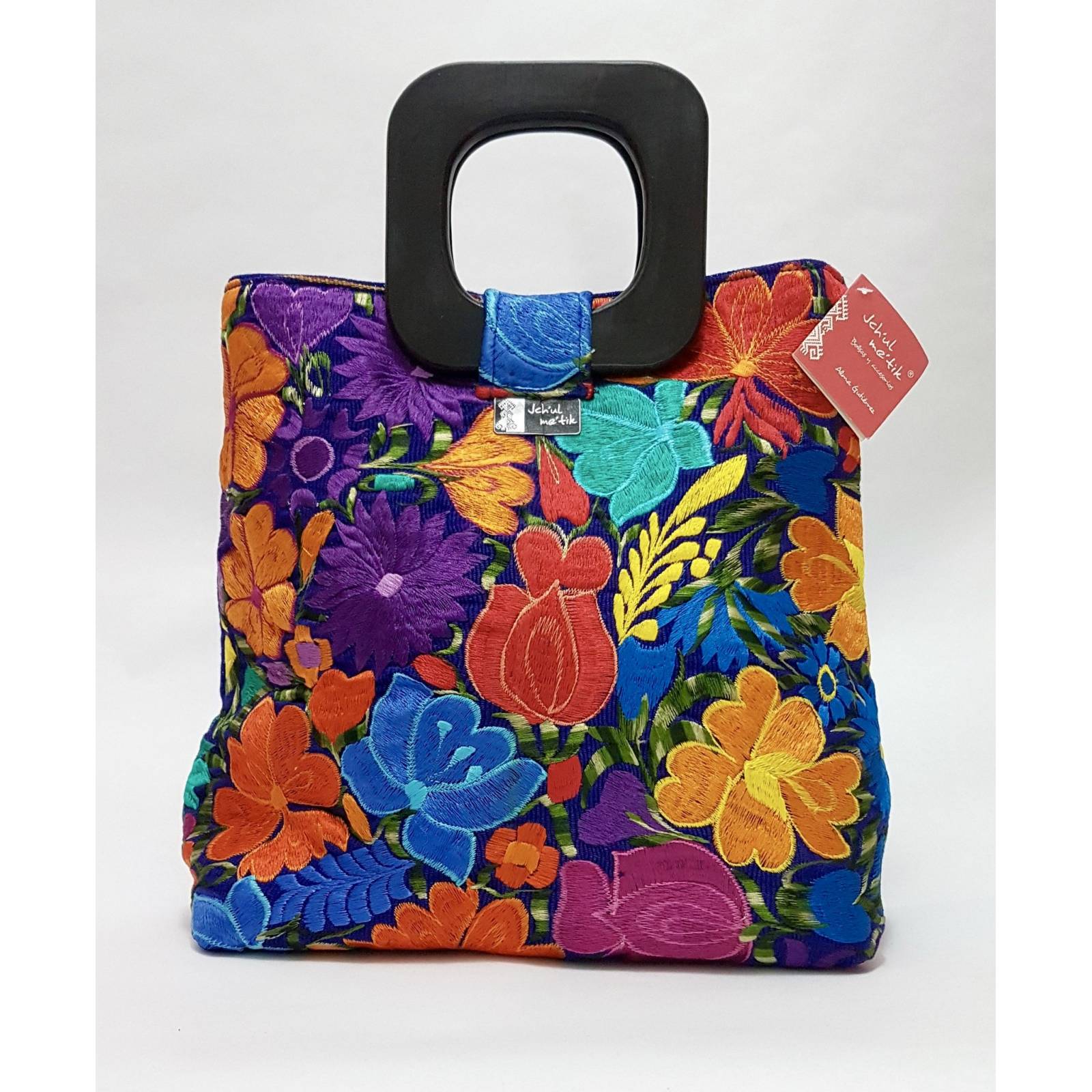 Bolsa De Diseñadora Mexicana Con Bordado Artesanal Chiapanenco Jchul metik Modelo Izapa Flores Sobre Azul