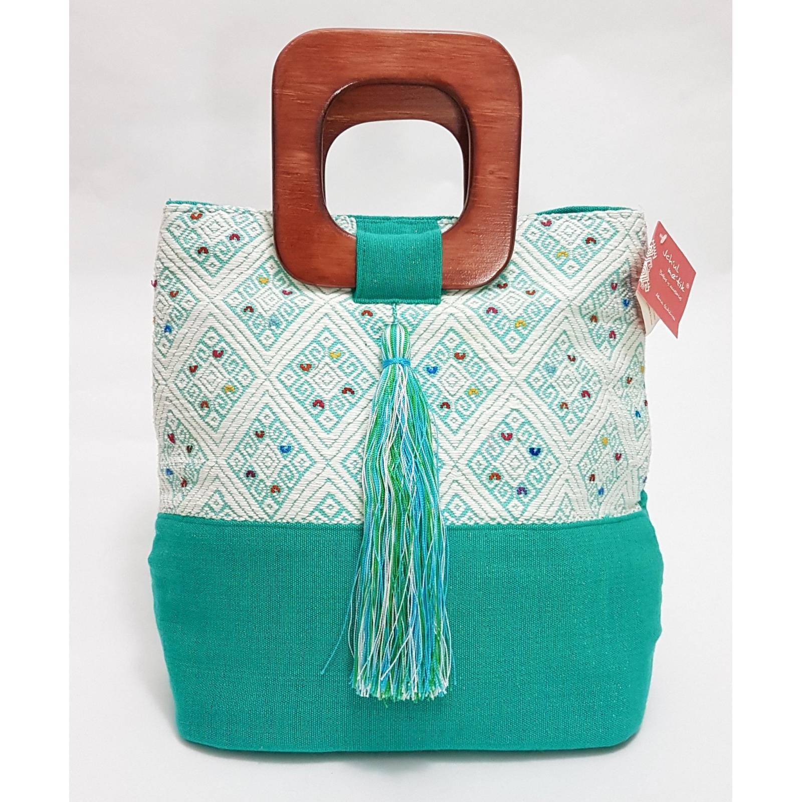 Bolsa De Diseñadora Mexicana Con Bordado Artesanal Chiapanenco Jchul metik Modelo Izapa Rombos Turquesa
