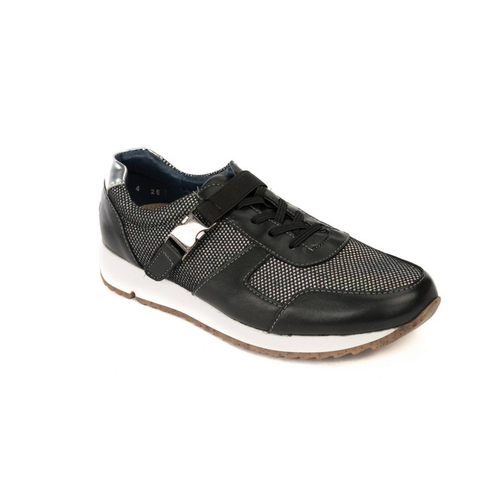 Jarking - Zapato Casual Sport Negro de Piel con Agujetas y Velcro para Dama