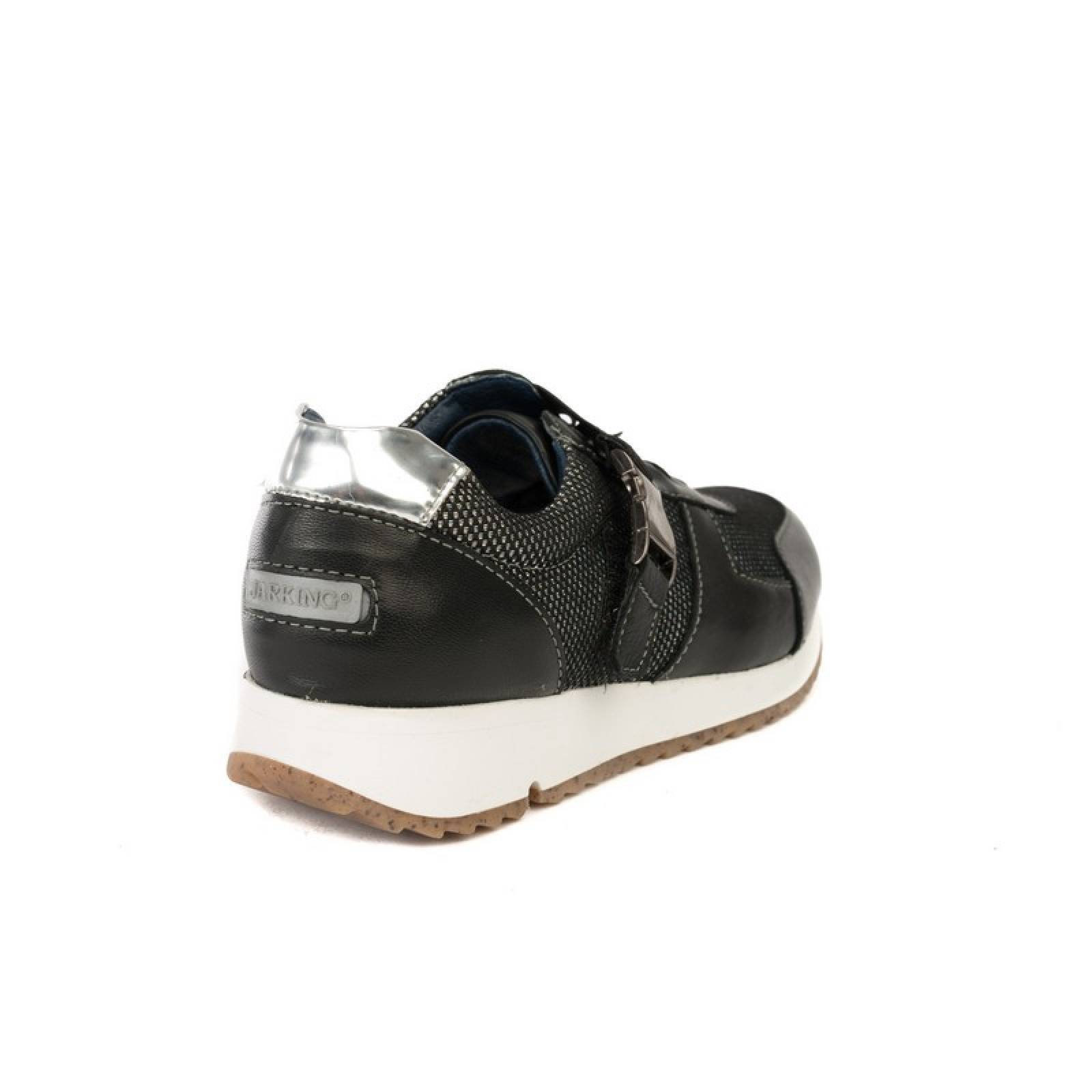 Jarking - Zapato Casual Sport Negro de Piel con Agujetas y Velcro para Dama