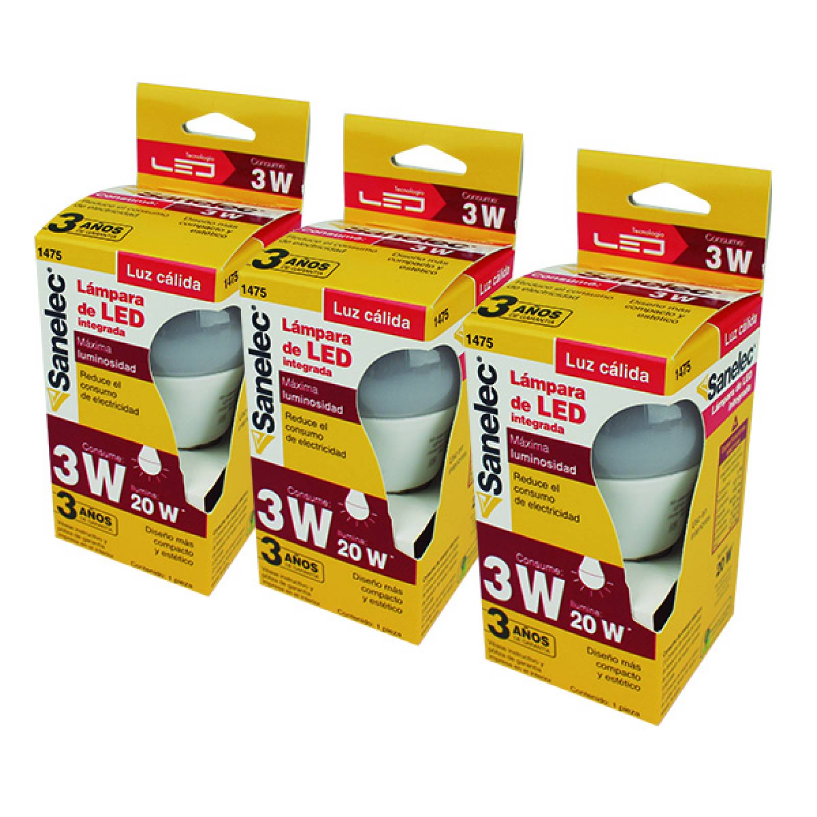 Tres Focos Led 3 W Tipo A19 Luz Cálida Sanelec 1475