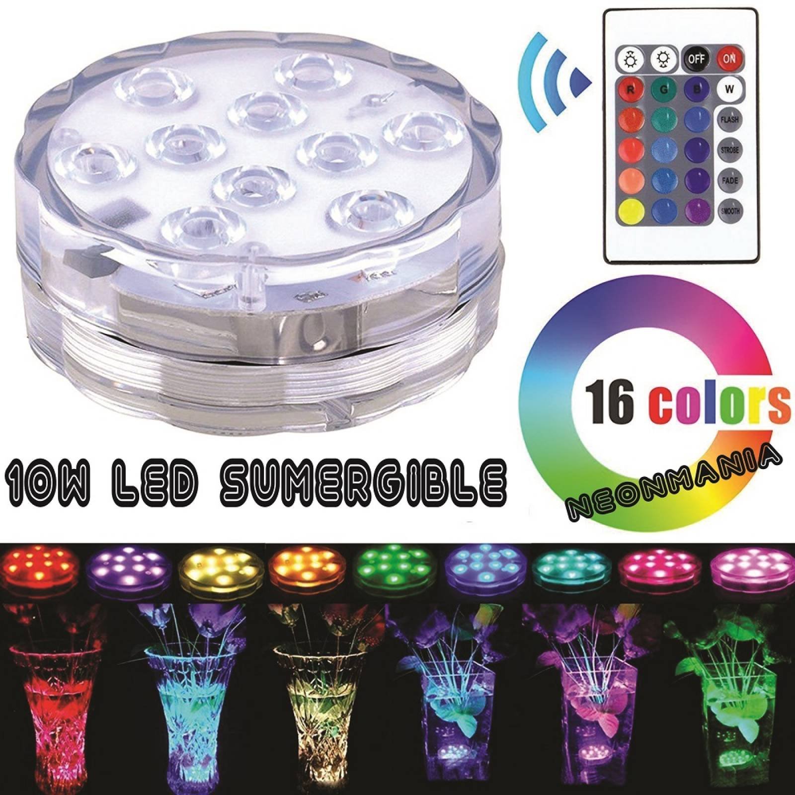 Base Lampara RGB 10 Led Sumergible Control Remoto Decoracion 