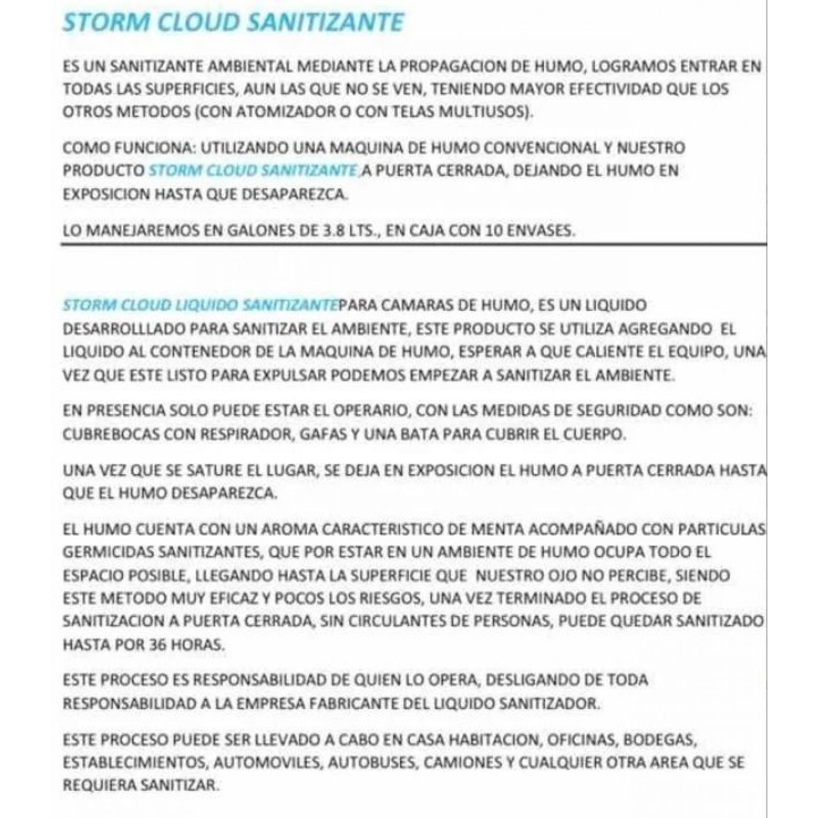 LIQUIDO SANITIZADOR STORM CLOUD PARA MAQUINA DE HUMO 10 LITROS 