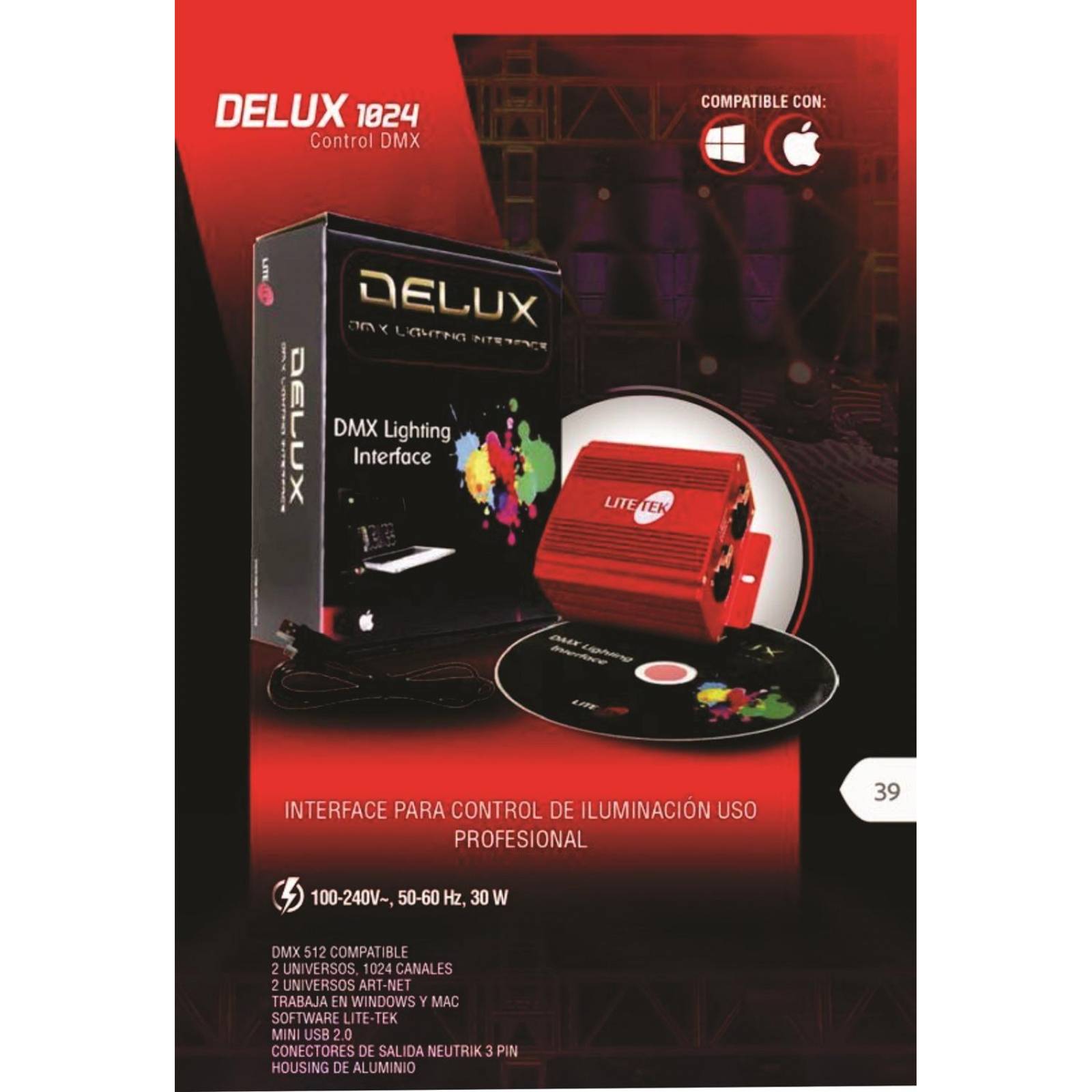 INTERFACE LITE TEK DELUXE DMX USB2 UNIVERSO 1024 CANALES