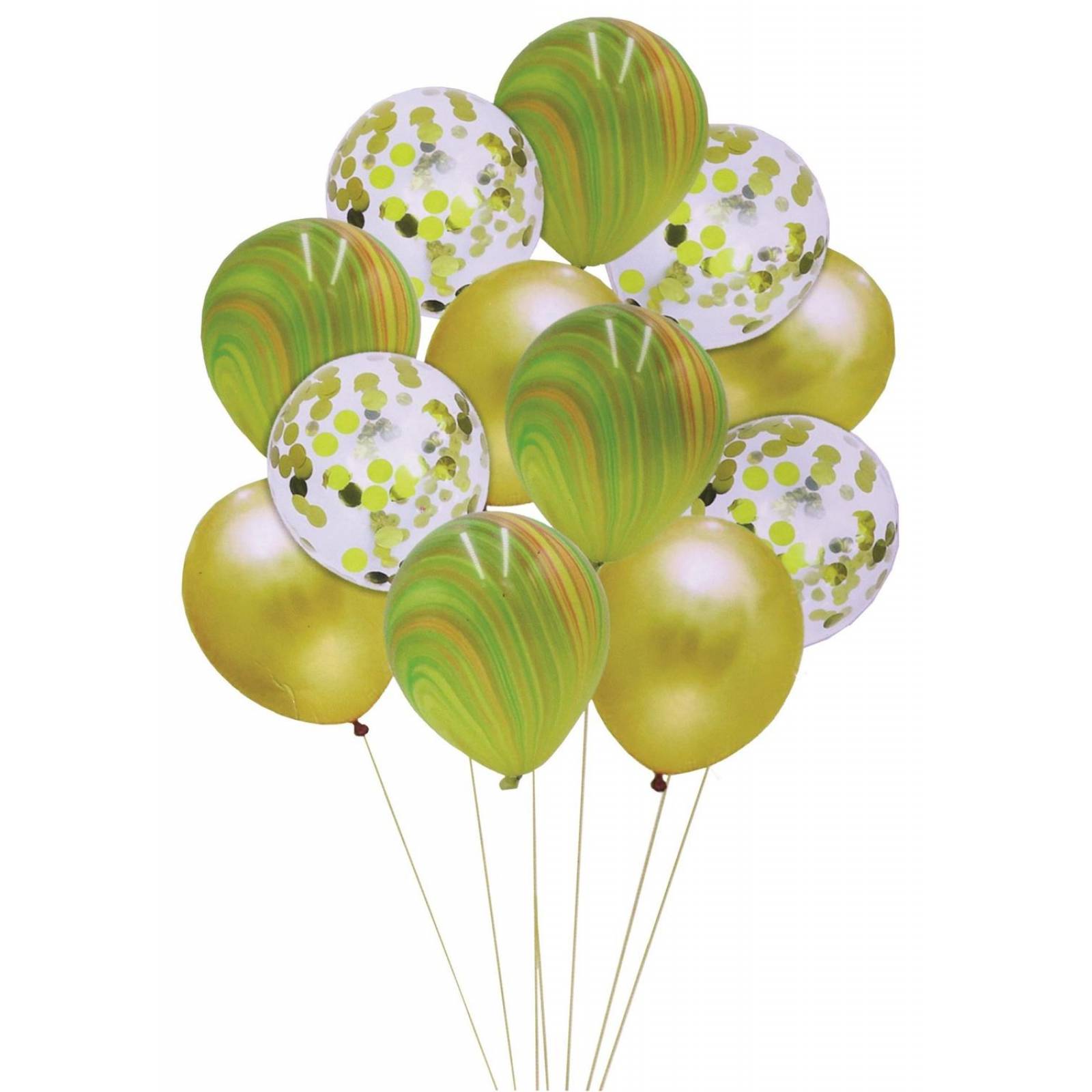 KIT 12 GLOBOS METALICOS TRANSPARENTES CONFETI MARMOL DORADO
