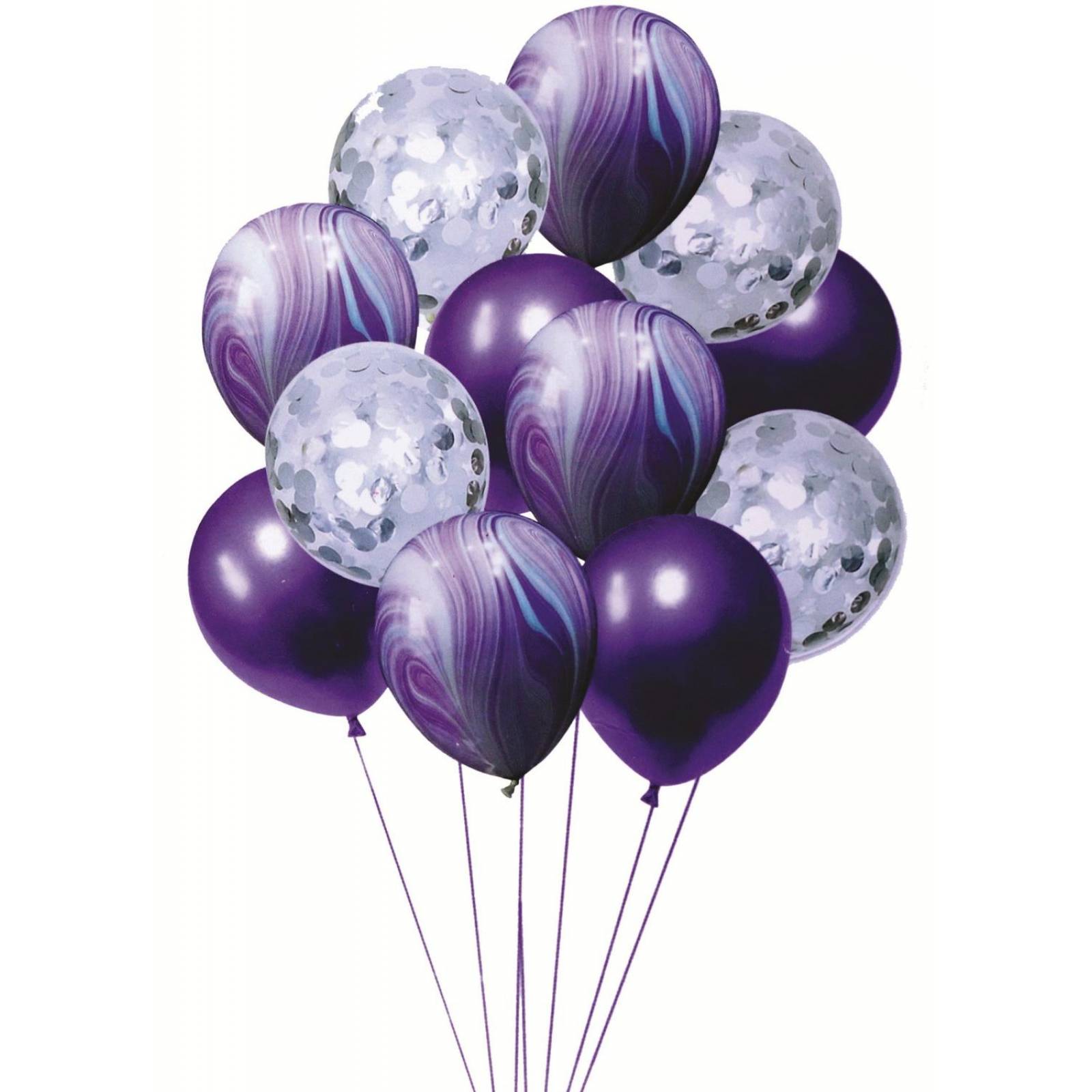 KIT 12 GLOBOS METALICOS TRANSPARENTES CONFETI MARMOL MORADO 