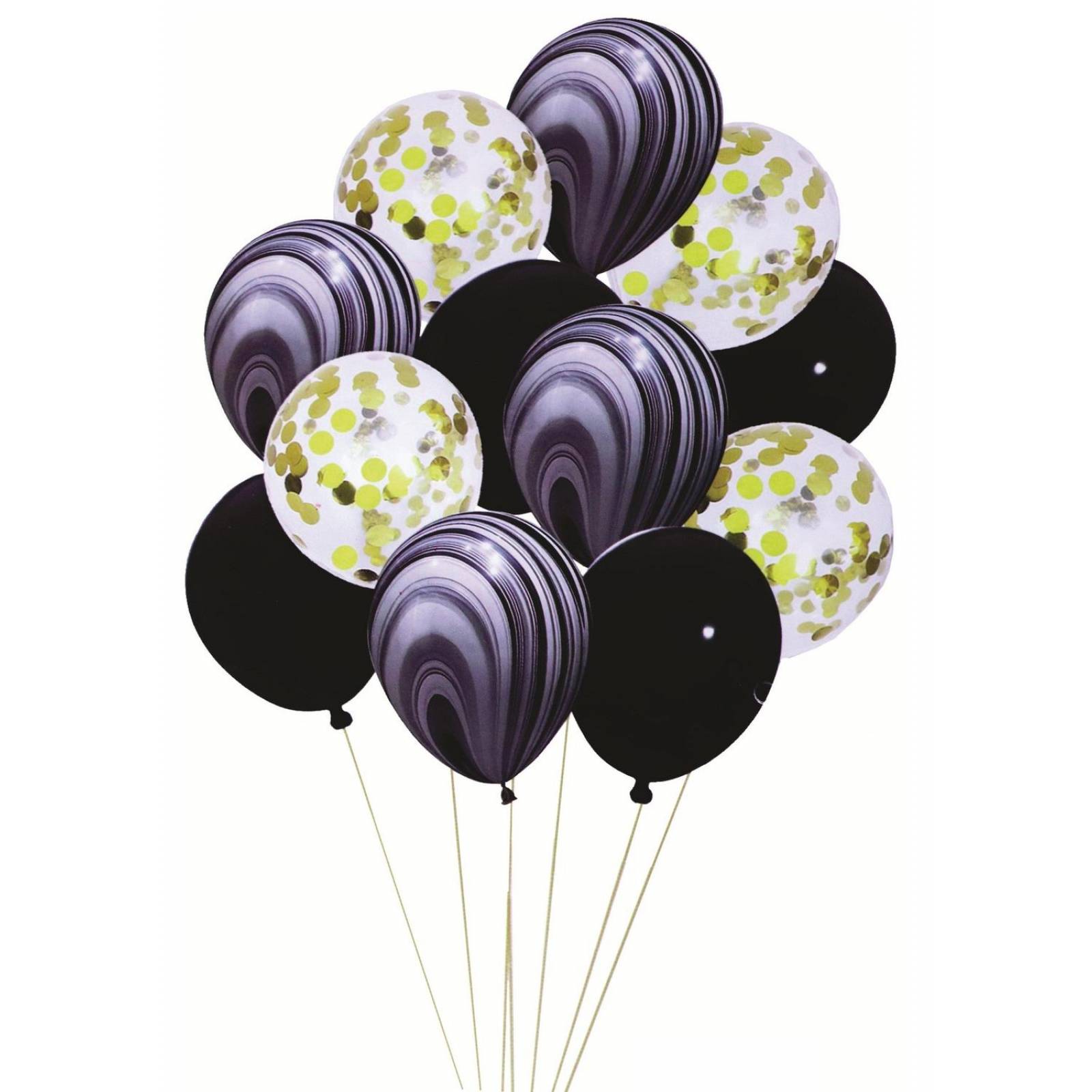 KIT 12 GLOBOS METALICOS TRANSPARENTES CONFETI MARMOL NEGRO 