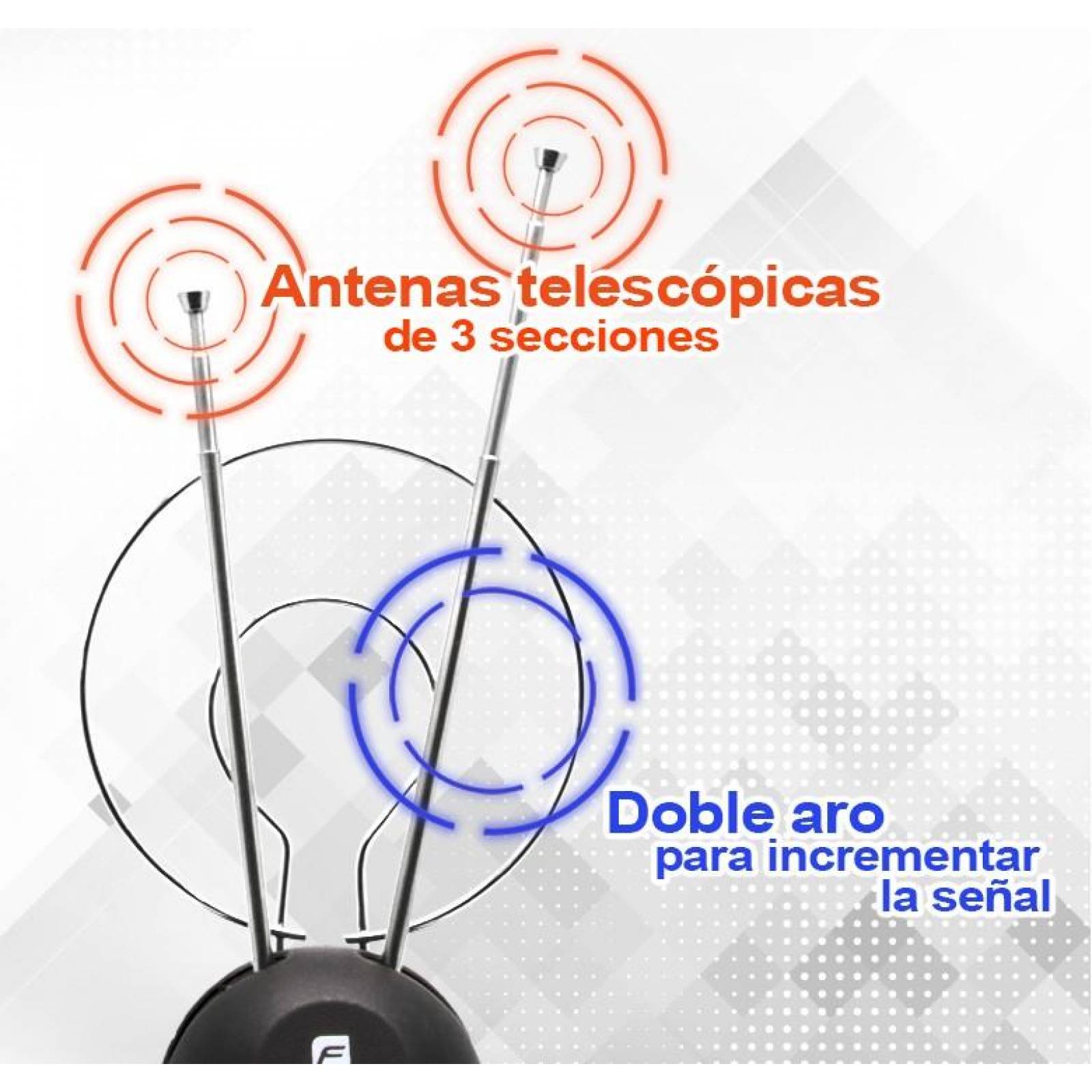 ANTENA INTERIOR HDTV CONEJO DOBLE ARO CABLE 75 OHMS 300 OHMS 
