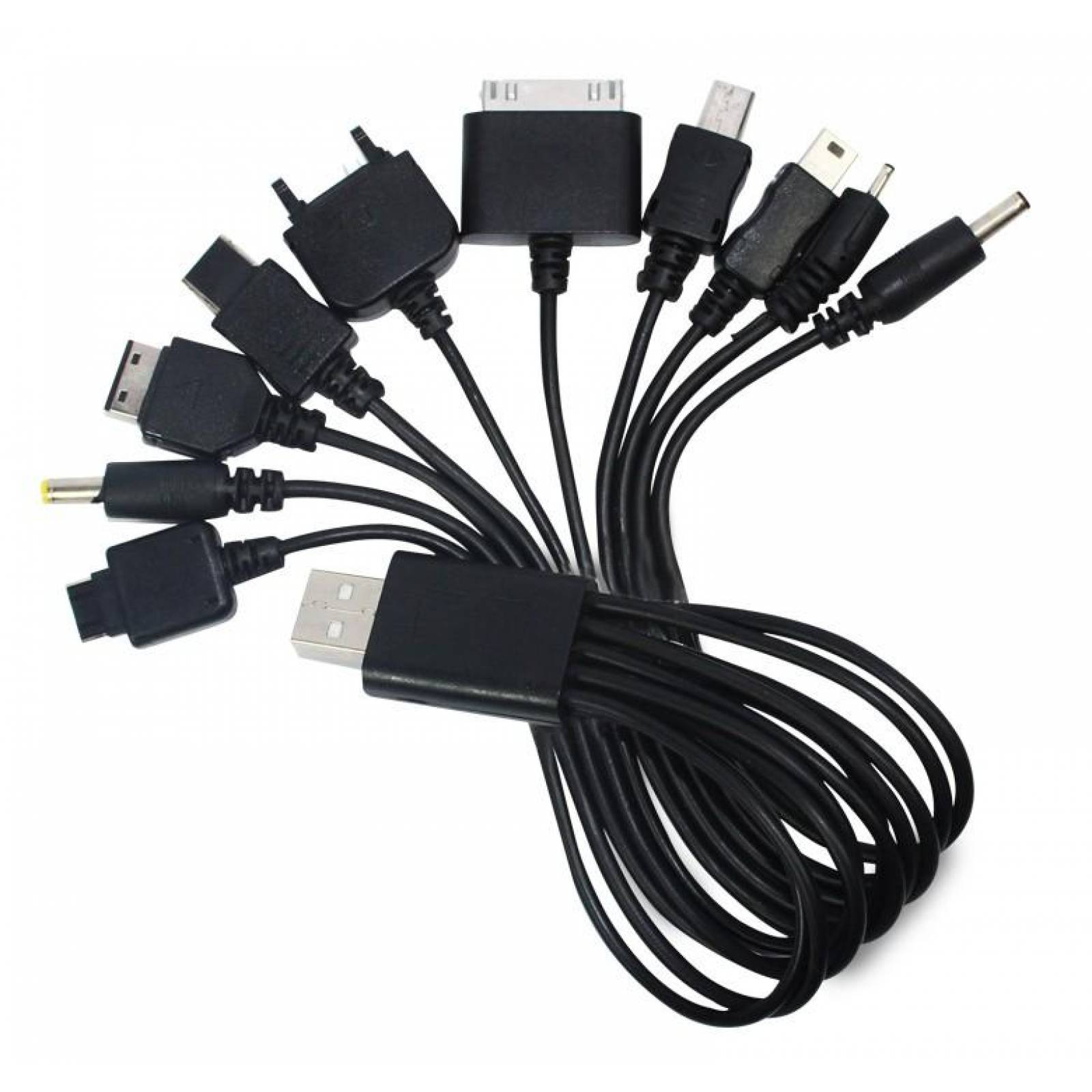 CABLE MULTICARGADOR DE 10 CONECTORES A USB / 25CM / INCLUYE ADAPTADOR PARA AUTO 