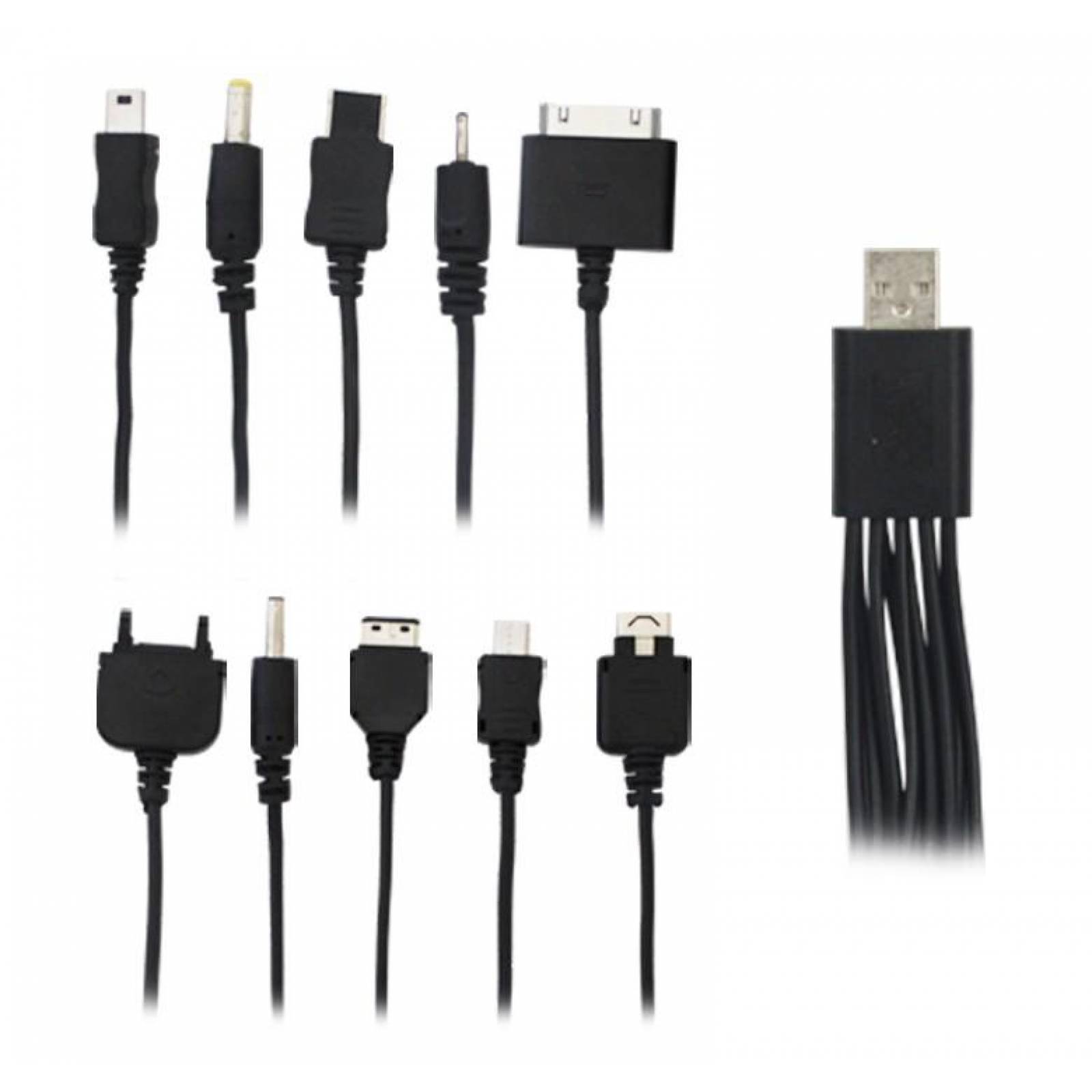 CABLE MULTICARGADOR DE 10 CONECTORES A USB / 25CM / INCLUYE ADAPTADOR PARA AUTO 