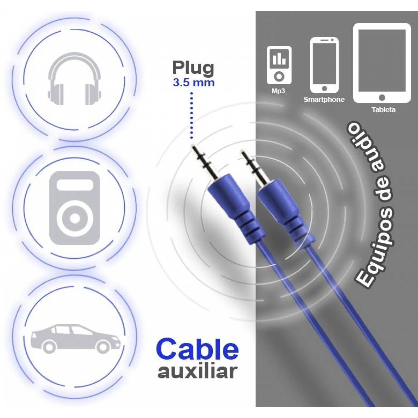 Cable auxiliar AZUL 3.5 mm macho a 3.5 mm macho 1.8 m 